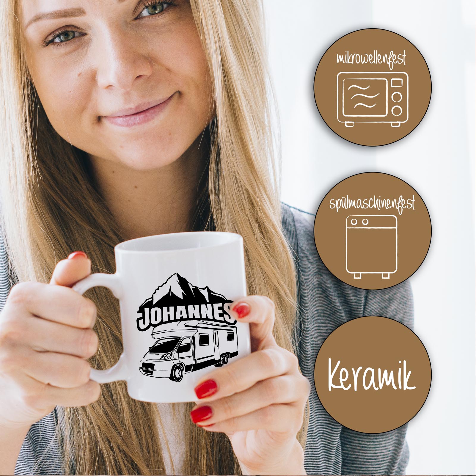 Personalisierte Tasse 330 ml – Wohnmobil & Berge Motiv – mit Wunschname – beidseitig bedruckt
