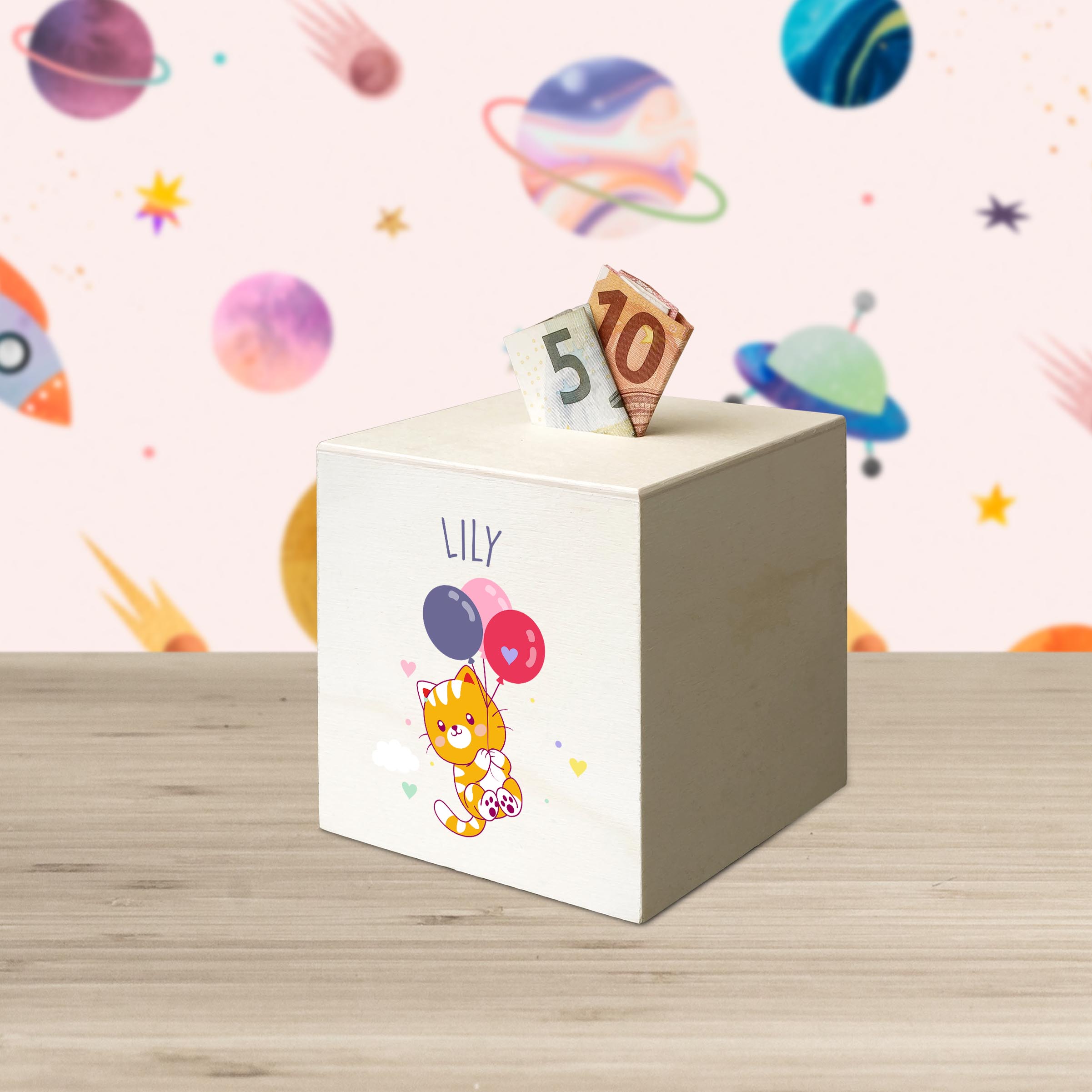 hübsche Holzspardose: personalisierbare Sparbüchse Motiv 10 Katze mit Luftballons