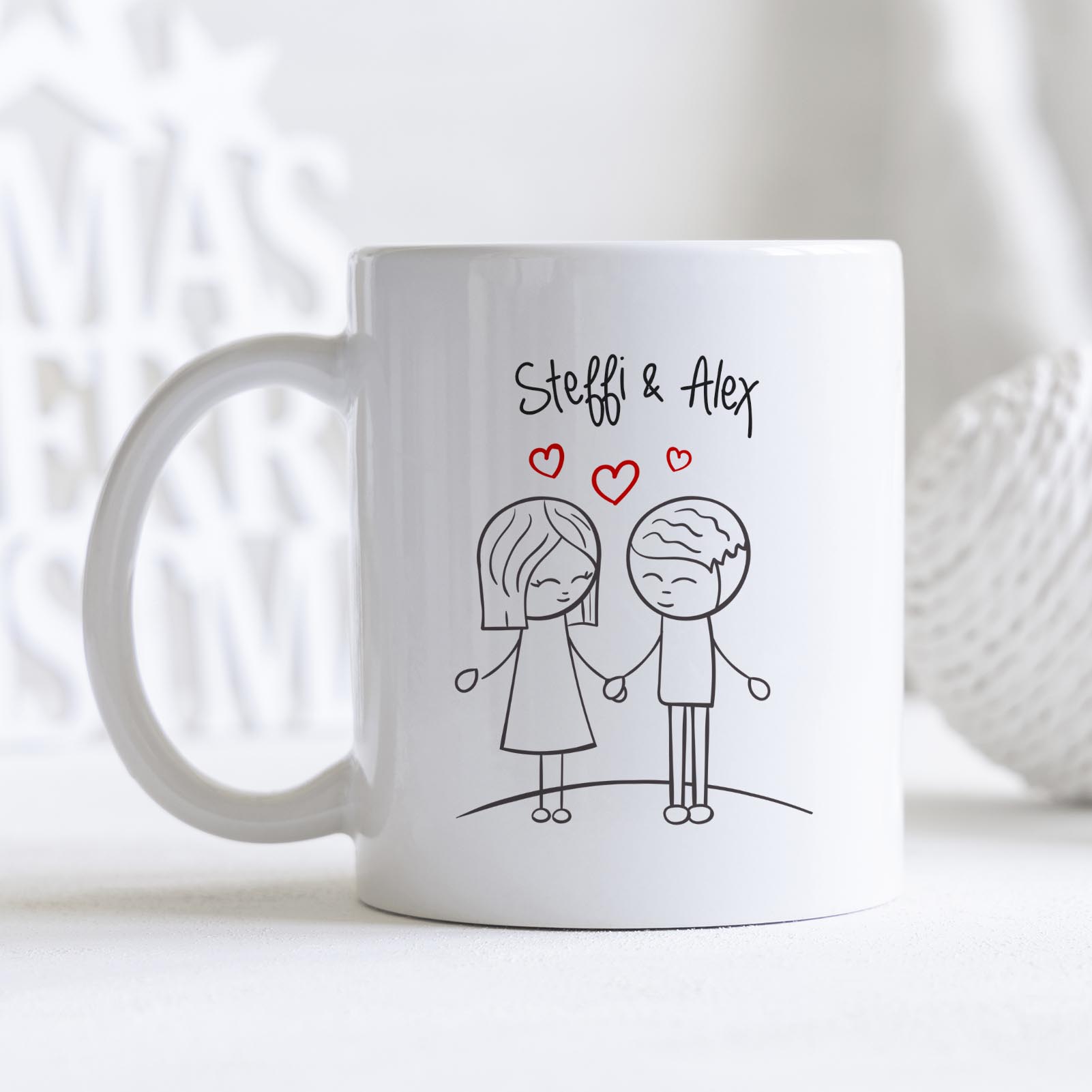 Personalisierte Tasse 330 ml – Liebespaar – mit 2 Namen – beidseitig bedruckt