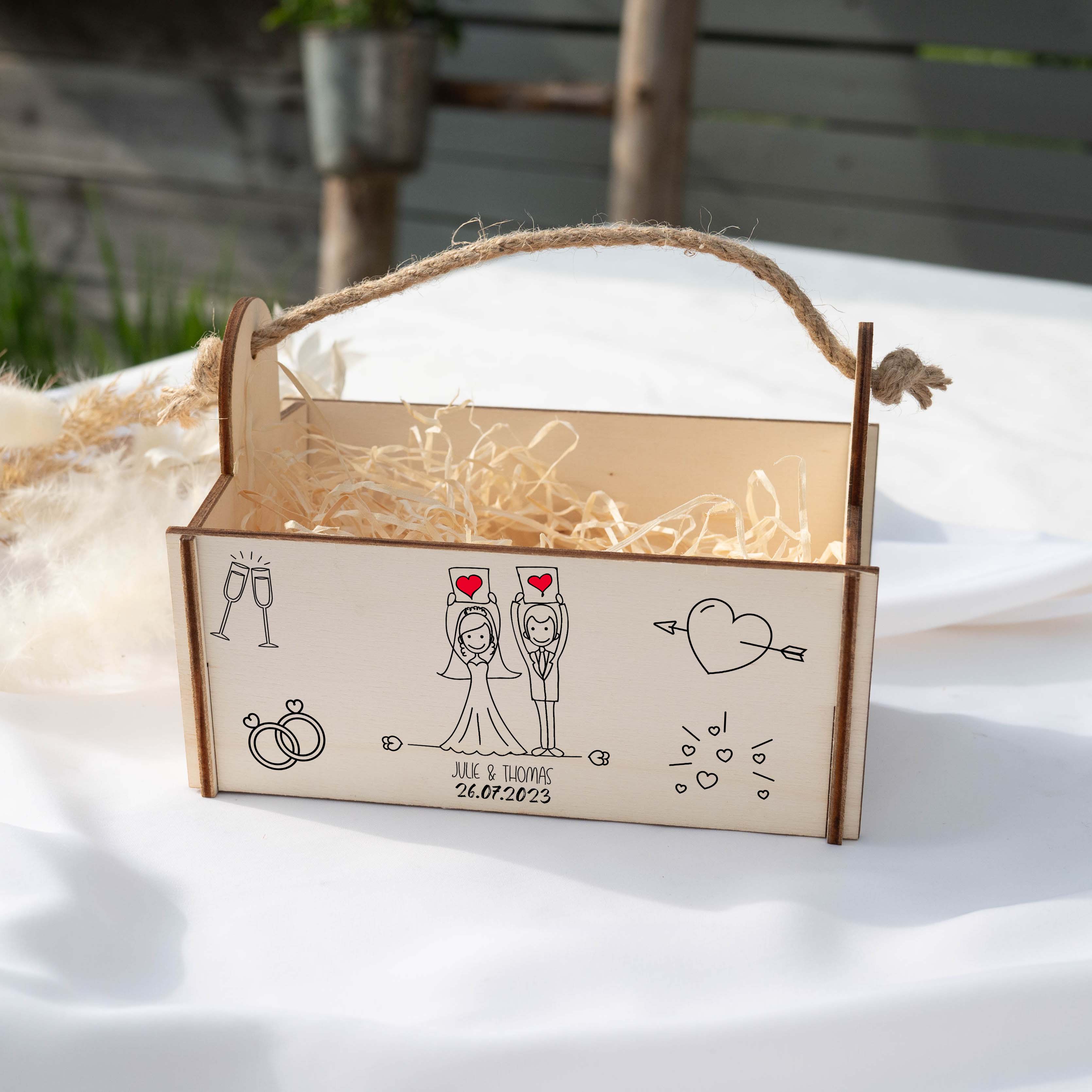 Geschenkkorb mit Holzwolle, Bausatz mit Motiv 08 Hochzeit 1