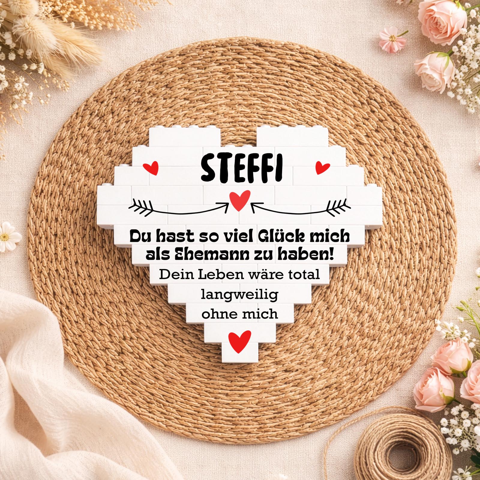 Personalisiertes Herz aus Klemmbausteinen - Lustiger Partnerspruch