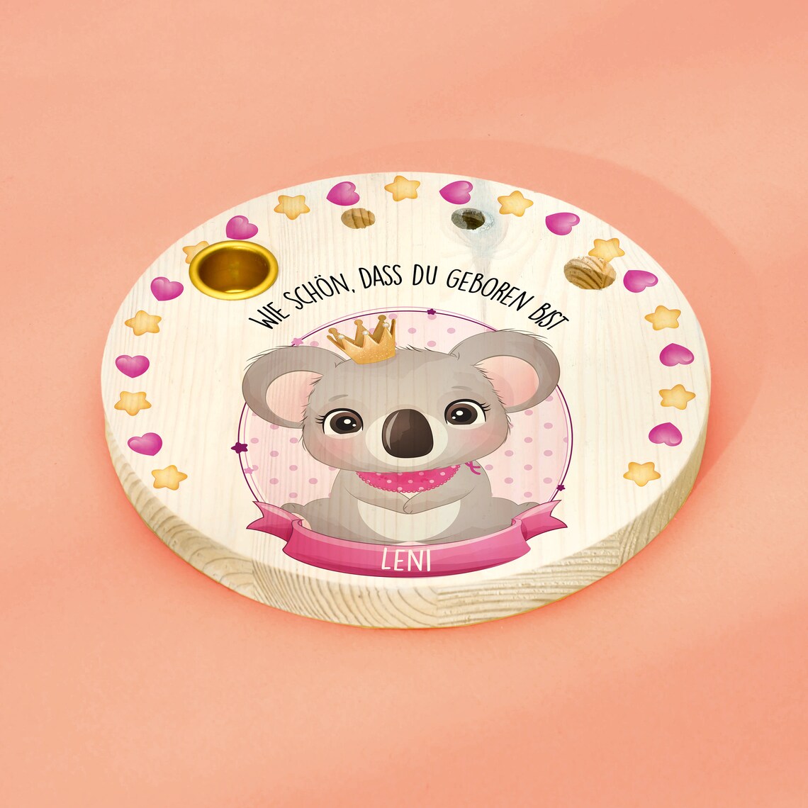 Geburtstagskranz  aus Holz mit  Wunschnamen personalisiert - Motiv 37 Koala rosa