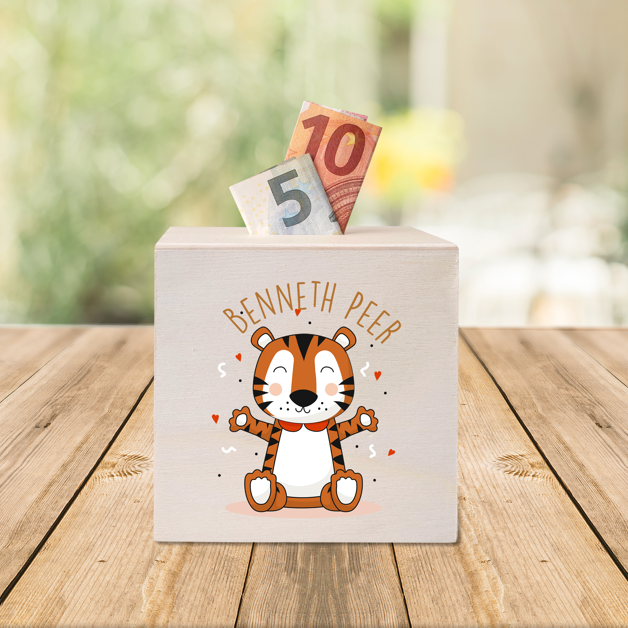 hübsche Holzspardose: personalisierbare Sparbüchse Motiv 50 Tiger