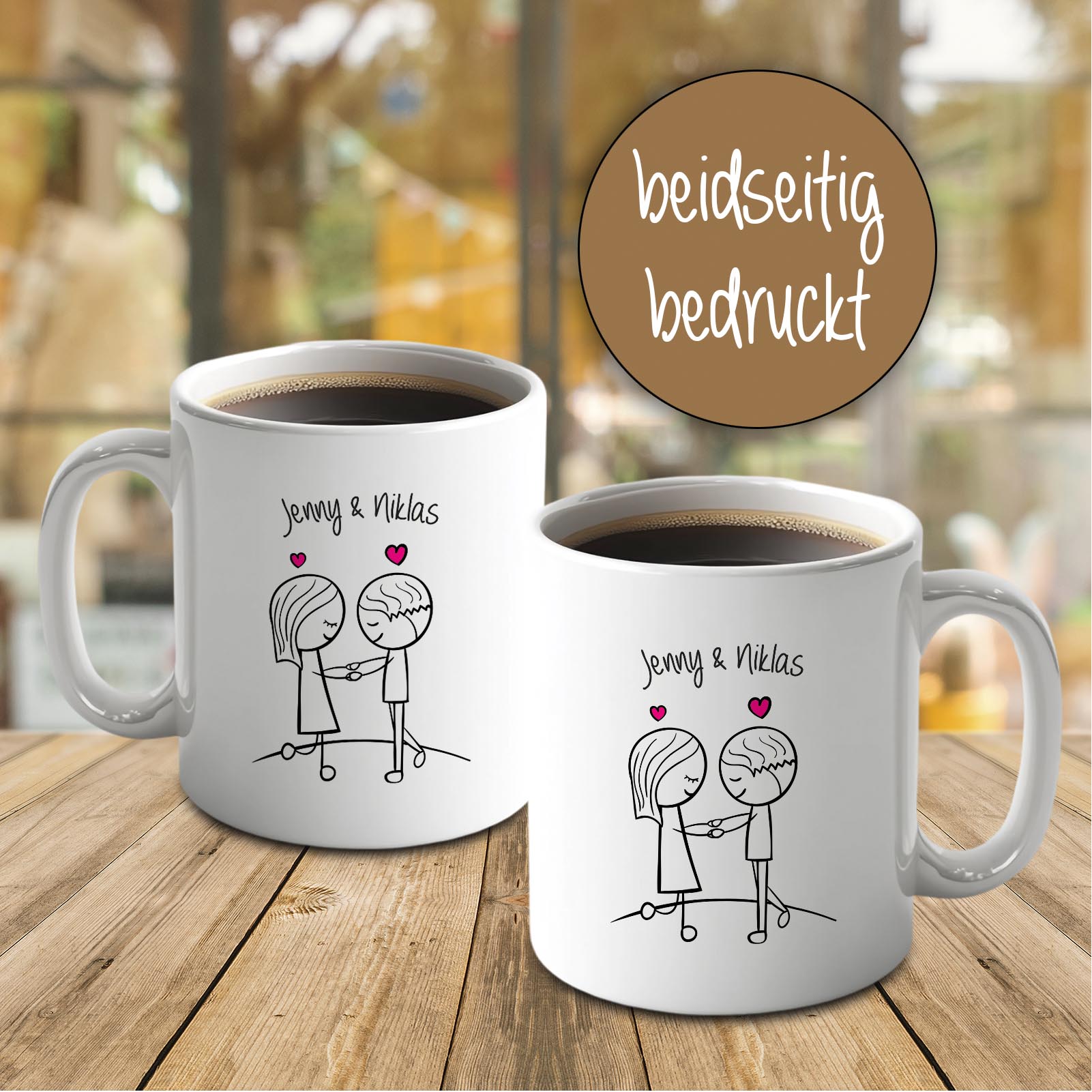 Personalisierte Tasse 330 ml – Liebespaar – mit 2 Namen – beidseitig bedruckt