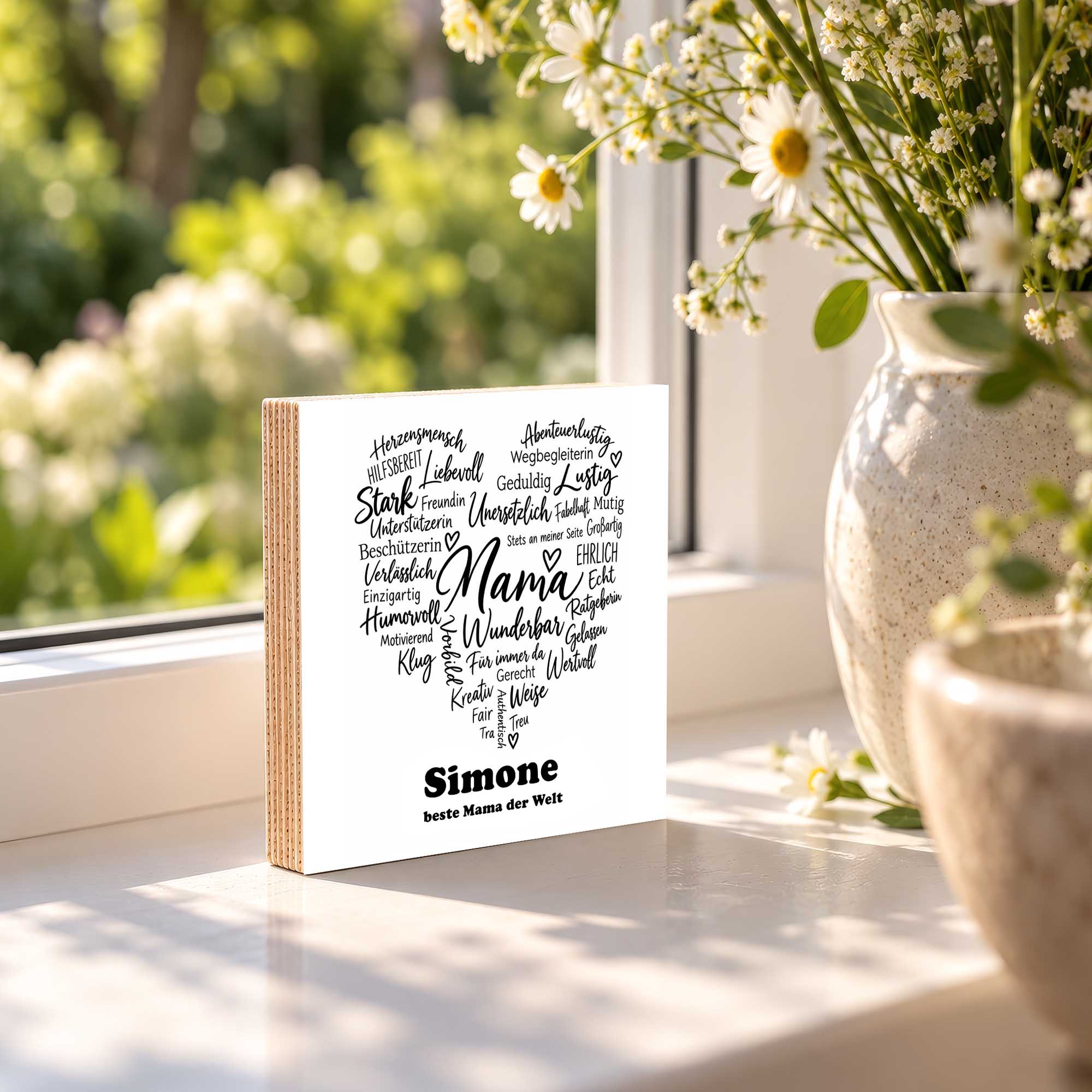 Woodprint personalisiert – Wortwolke Herz Mama & Wunschname – Motiv P061