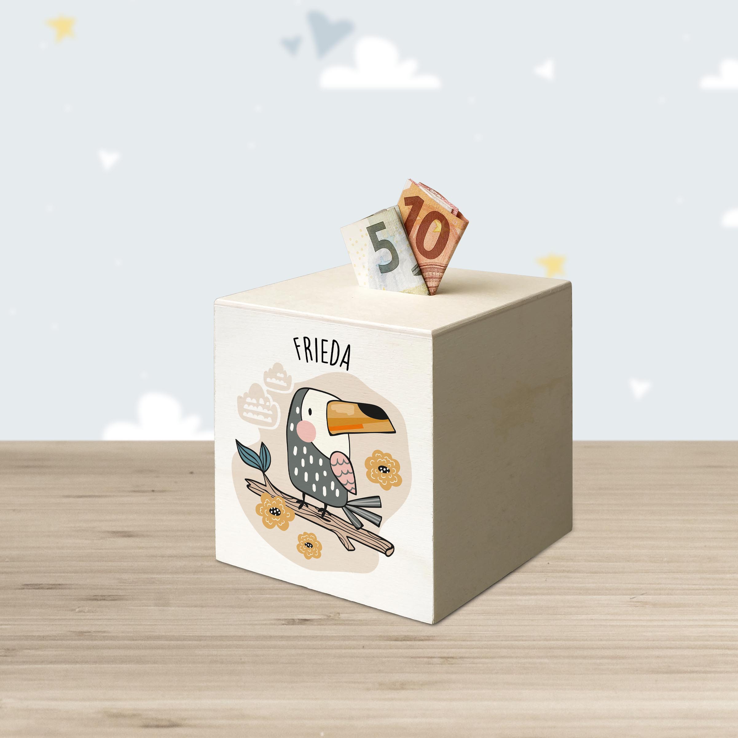 hübsche Holzspardose: personalisierbare Sparbüchse Motiv 14 Tucan