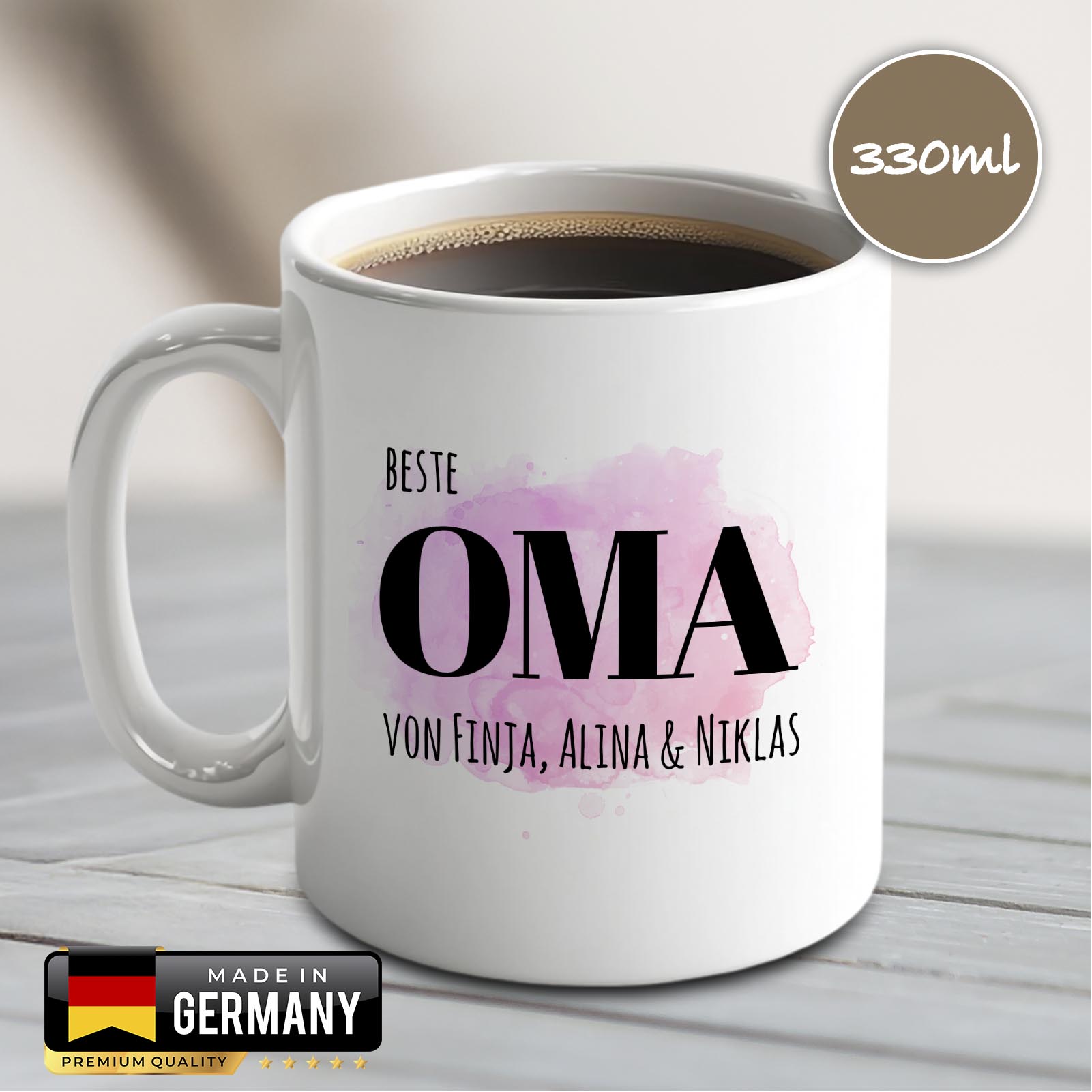 Personalisierte Tasse 330 ml – Beste Oma der Welt – mit Namen der Enkel – beidseitig bedruckt