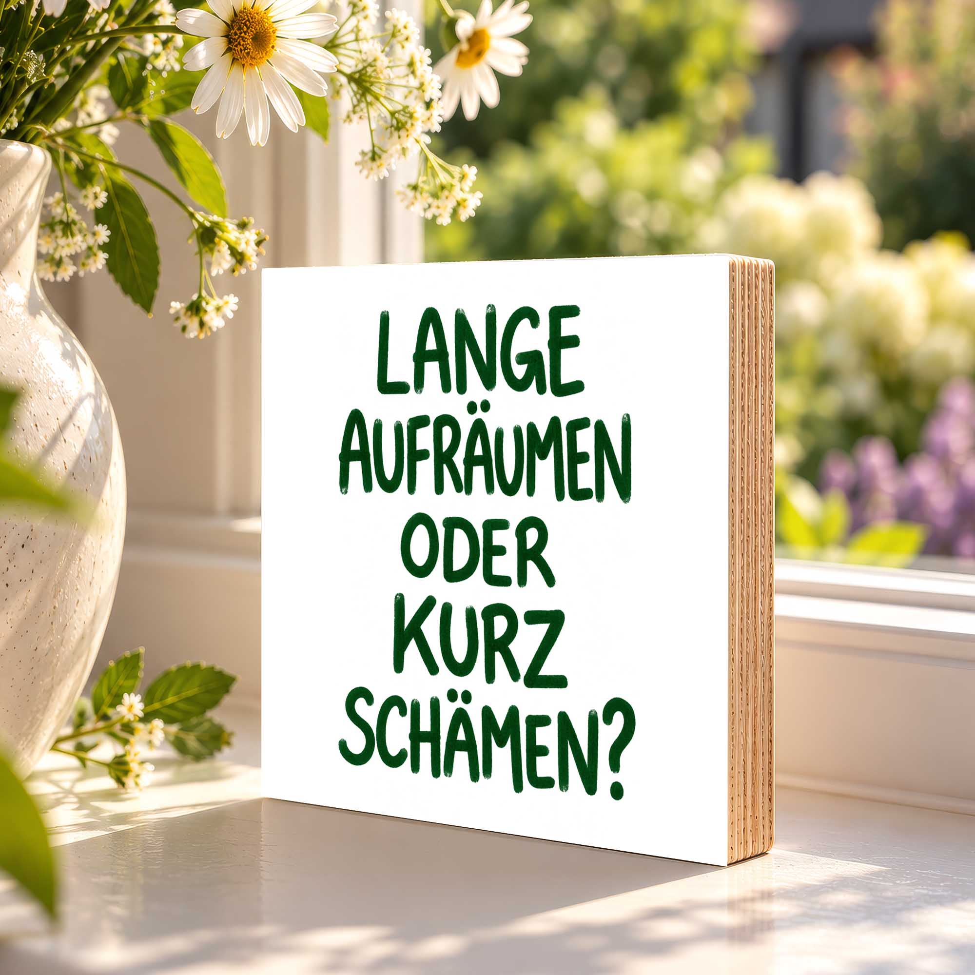 Woodprint Lange aufräumen oder kurz schämen? – humorvoller Spruch – Motiv 027