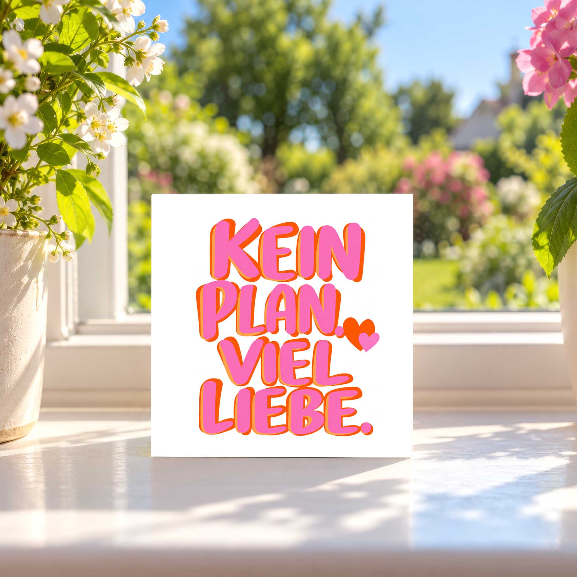 Woodprint Kein Plan. Viel Liebe. – pink-orange Schriftzug mit Herzen – Motiv 021