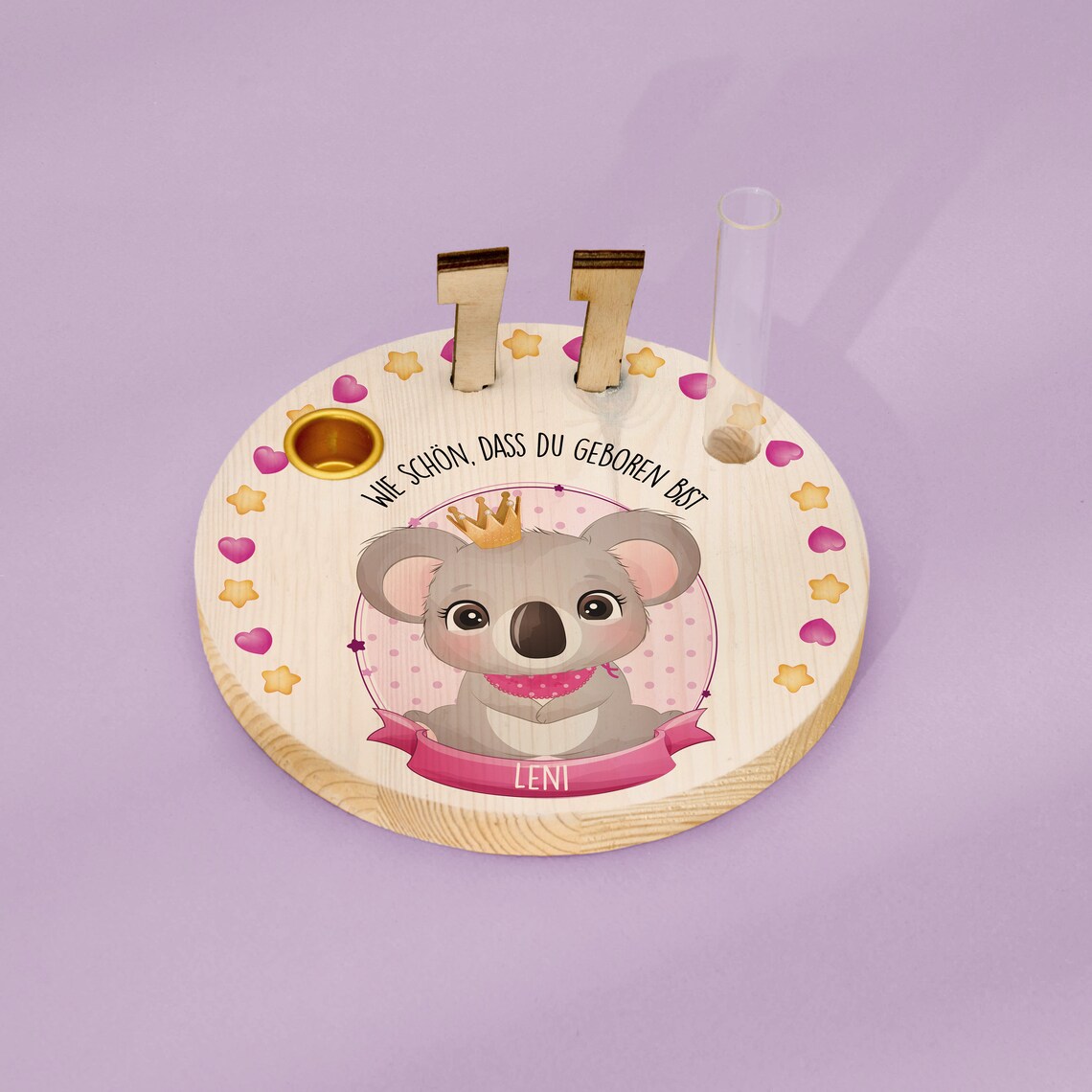Geburtstagskranz  aus Holz mit  Wunschnamen personalisiert - Motiv 37 Koala rosa