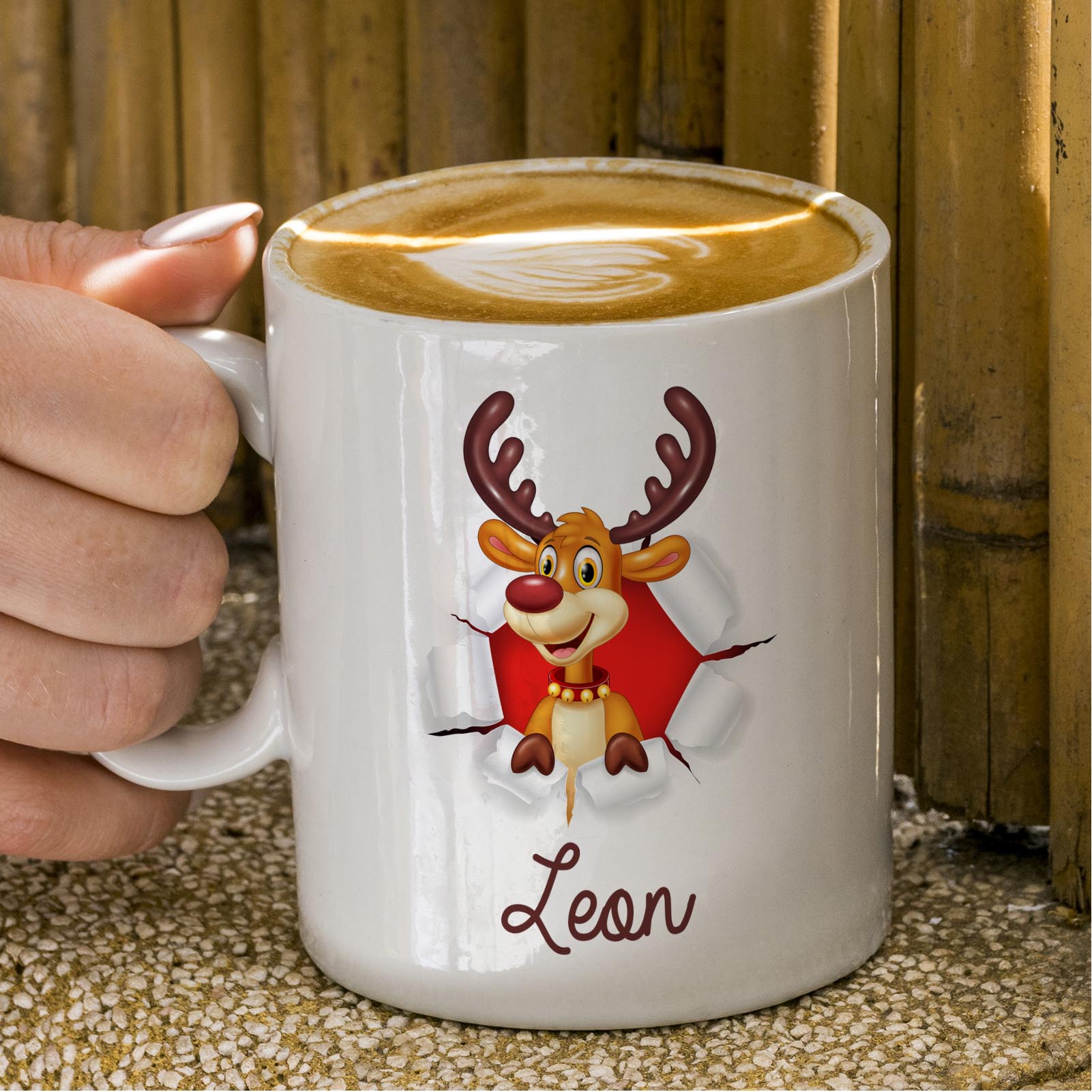 Personalisierte Weihnachtstasse 330 ml – Rentier Motiv mit Name – beidseitig bedruckt