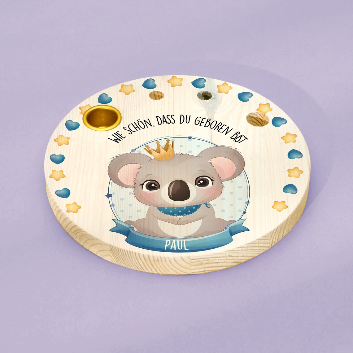 Geburtstagskranz  aus Holz mit  Wunschnamen personalisiert - Motiv 38 Koala blau