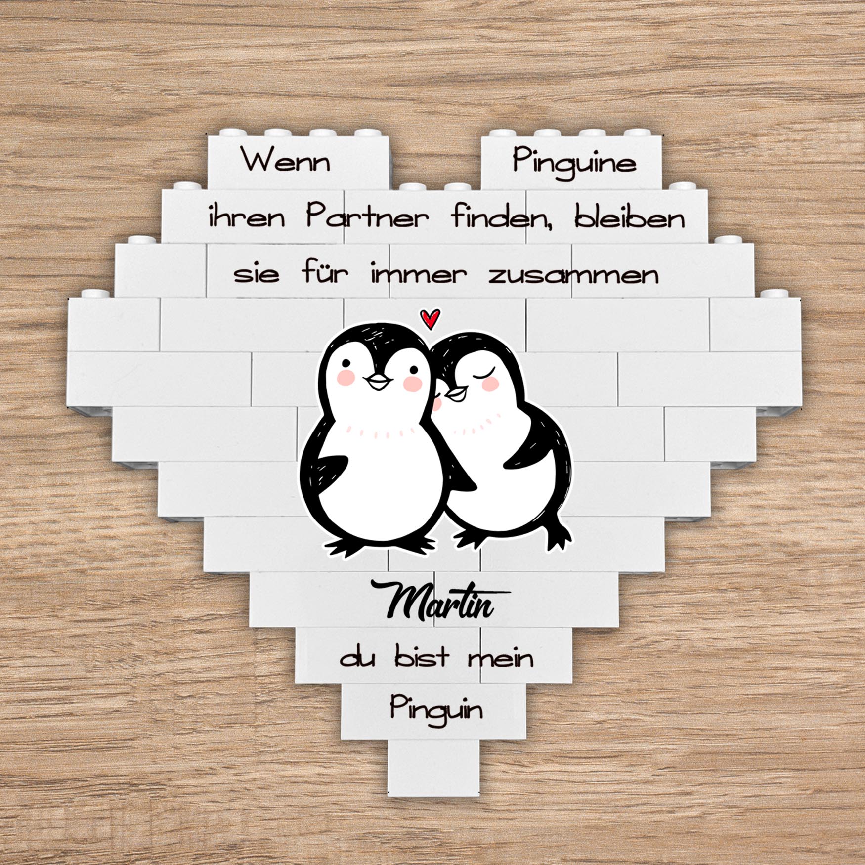 Personalisiertes Herz aus Klemmbausteinen - Pinguin Paar