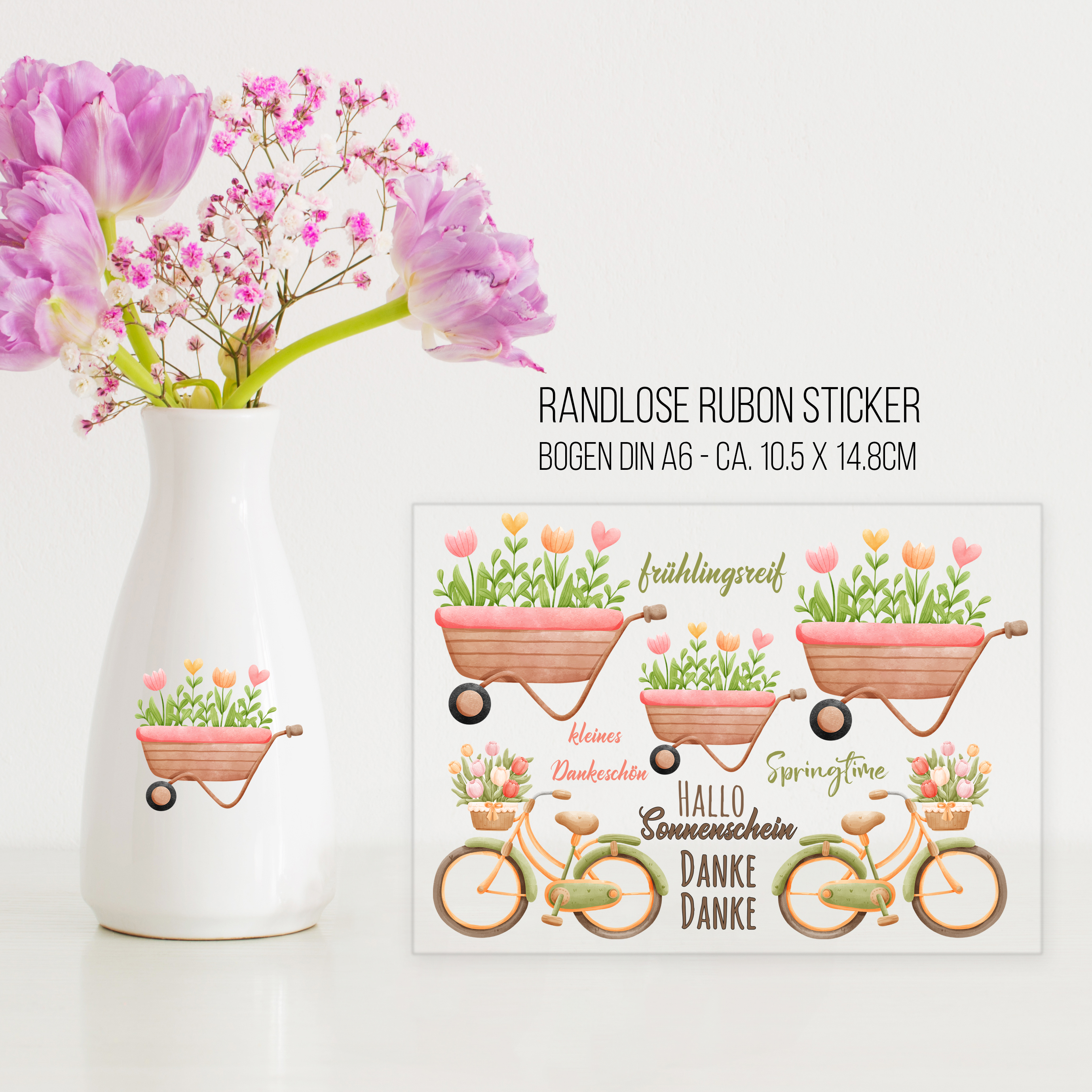 randlose Rub-on Sticker M202 Frühling, Schubkarre, Fahrrad,Blumen
