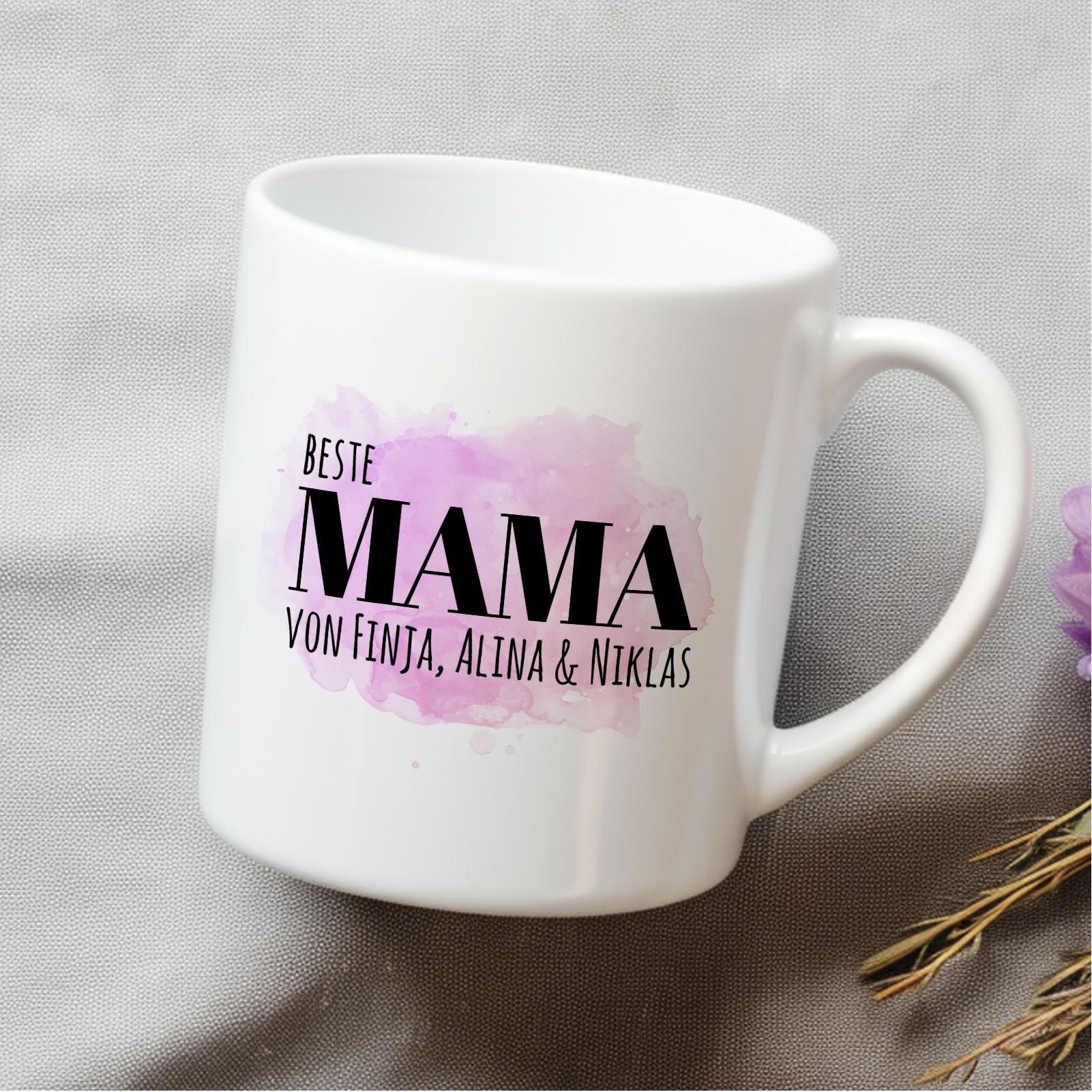 Personalisierte Tasse 330 ml – Beste Mama der Welt – mit Namen der Kinder – beidseitig bedruckt