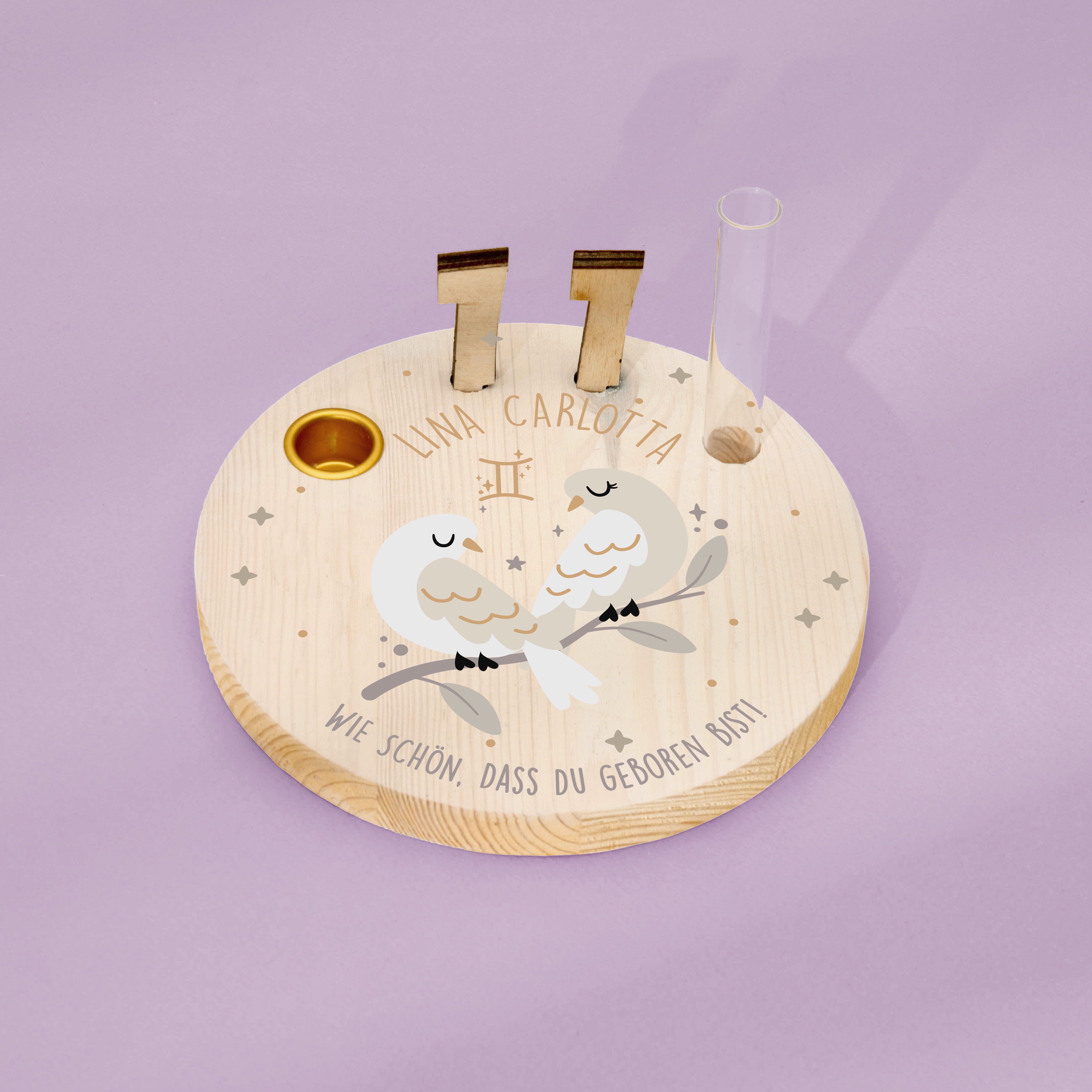 Geburtstagskranz  aus Holz mit  Wunschnamen personalisiert - Motiv 60 Sternzeichen Zwillinge