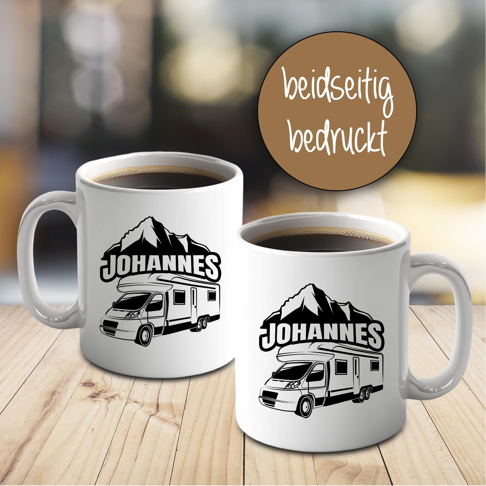 Personalisierte Tasse 330 ml – Wohnmobil & Berge Motiv – mit Wunschname – beidseitig bedruckt