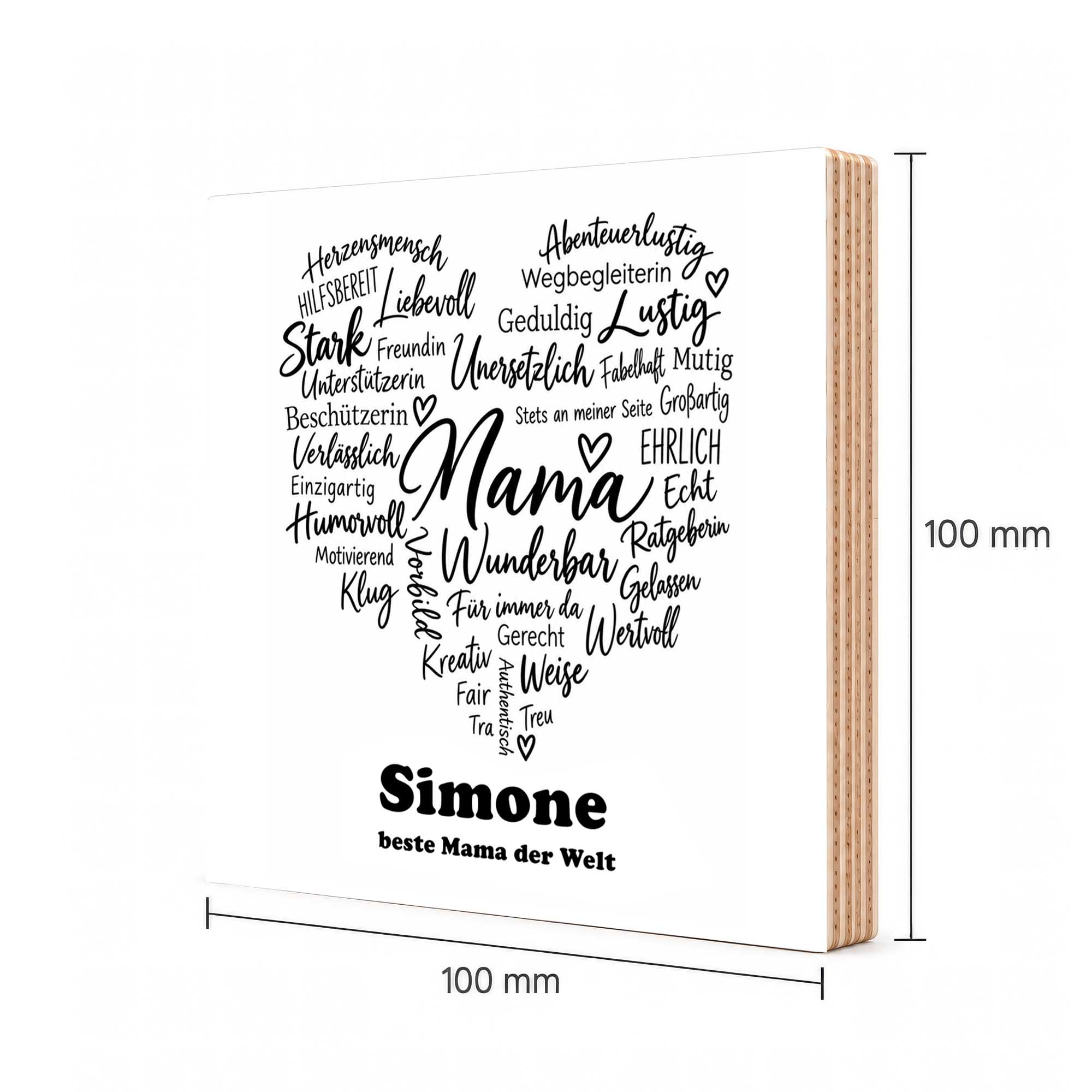 Woodprint personalisiert – Wortwolke Herz Mama & Wunschname – Motiv P061