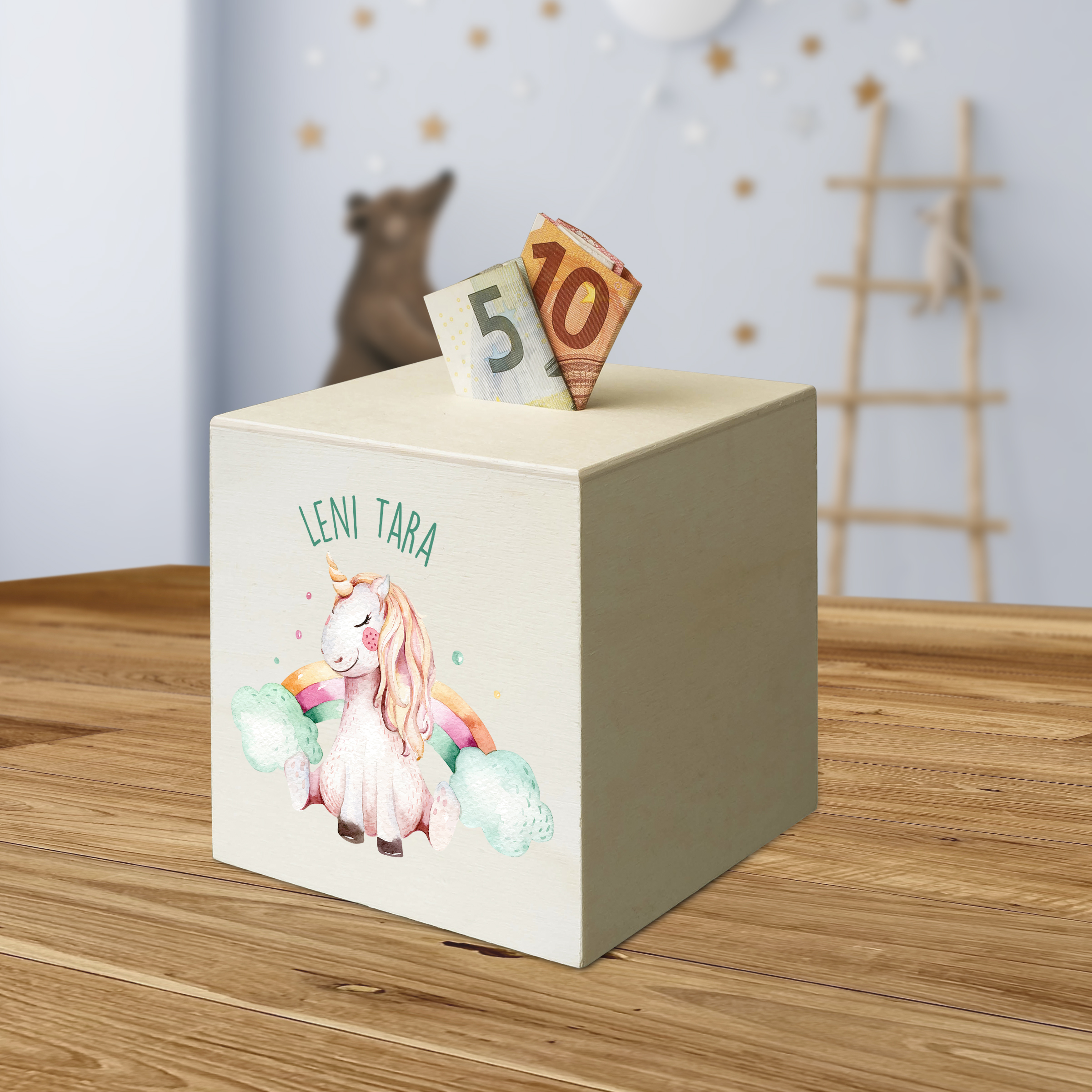 hübsche Holzspardose: personalisierbare Sparbüchse Motiv 08 Einhorn