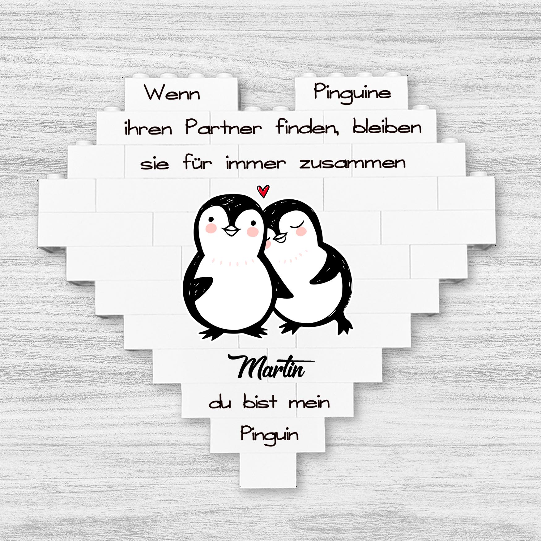 Personalisiertes Herz aus Klemmbausteinen - Pinguin Paar