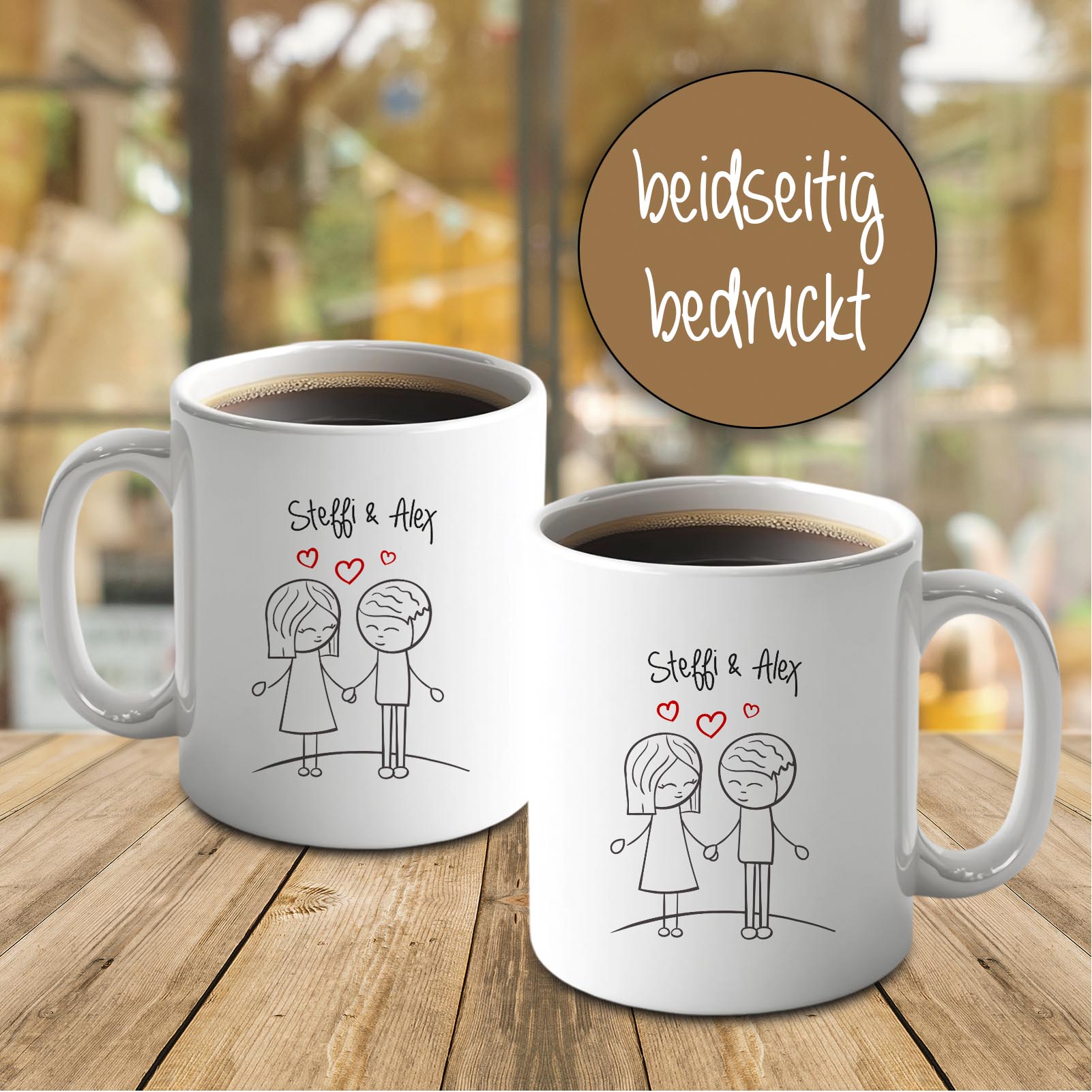 Personalisierte Tasse 330 ml – Liebespaar – mit 2 Namen – beidseitig bedruckt