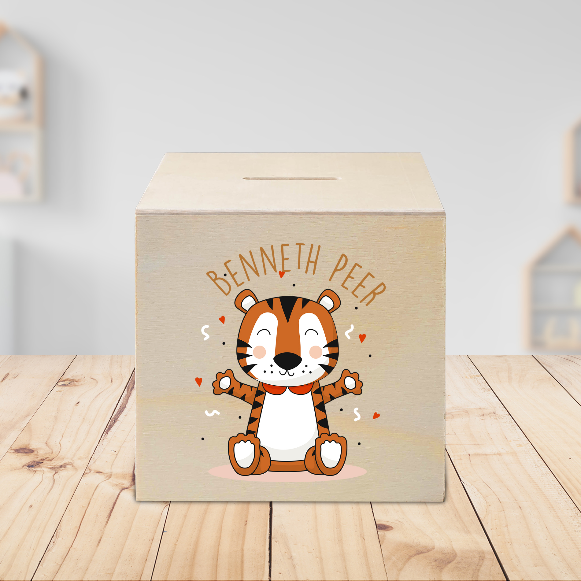 hübsche Holzspardose: personalisierbare Sparbüchse Motiv 50 Tiger