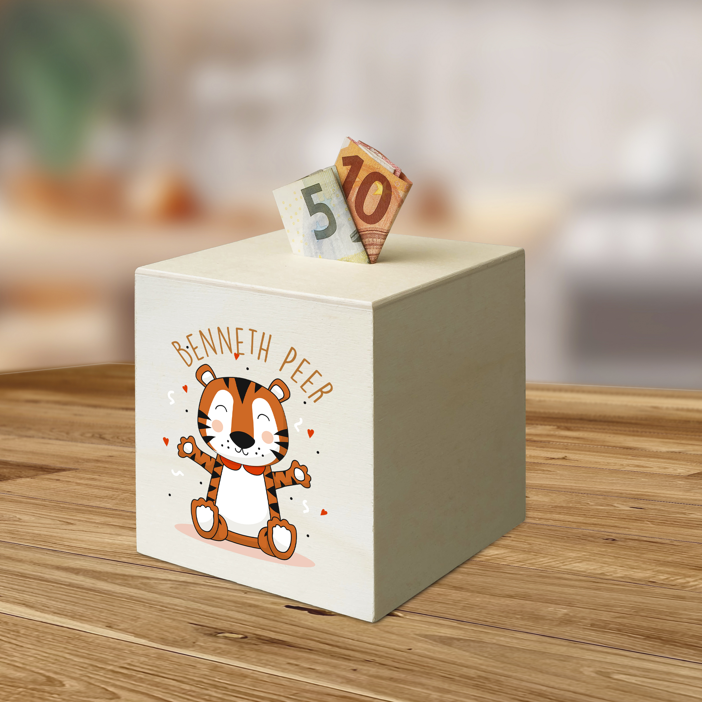 hübsche Holzspardose: personalisierbare Sparbüchse Motiv 50 Tiger