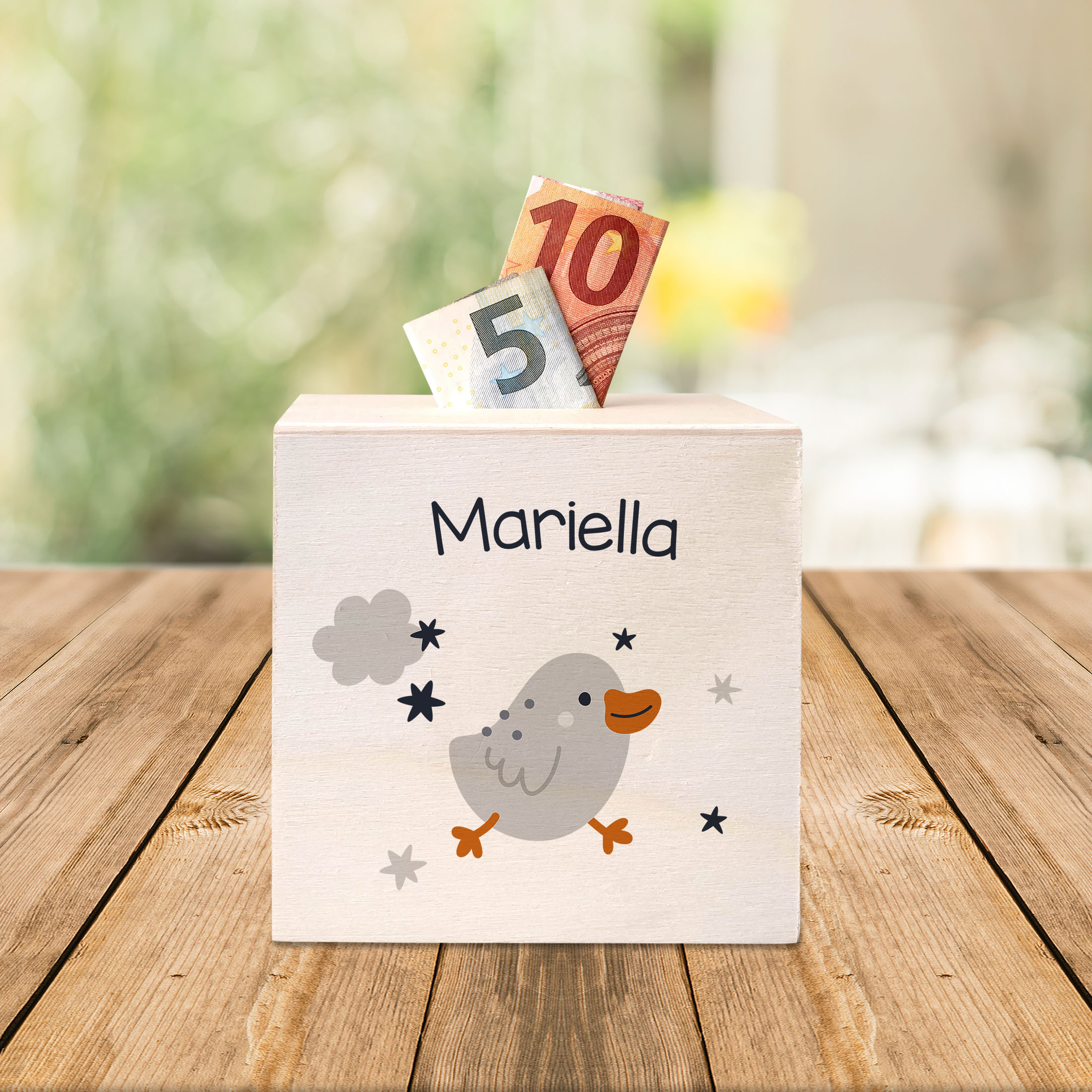 hübsche Holzspardose: personalisierbare Sparbüchse Motiv 85 Vogel