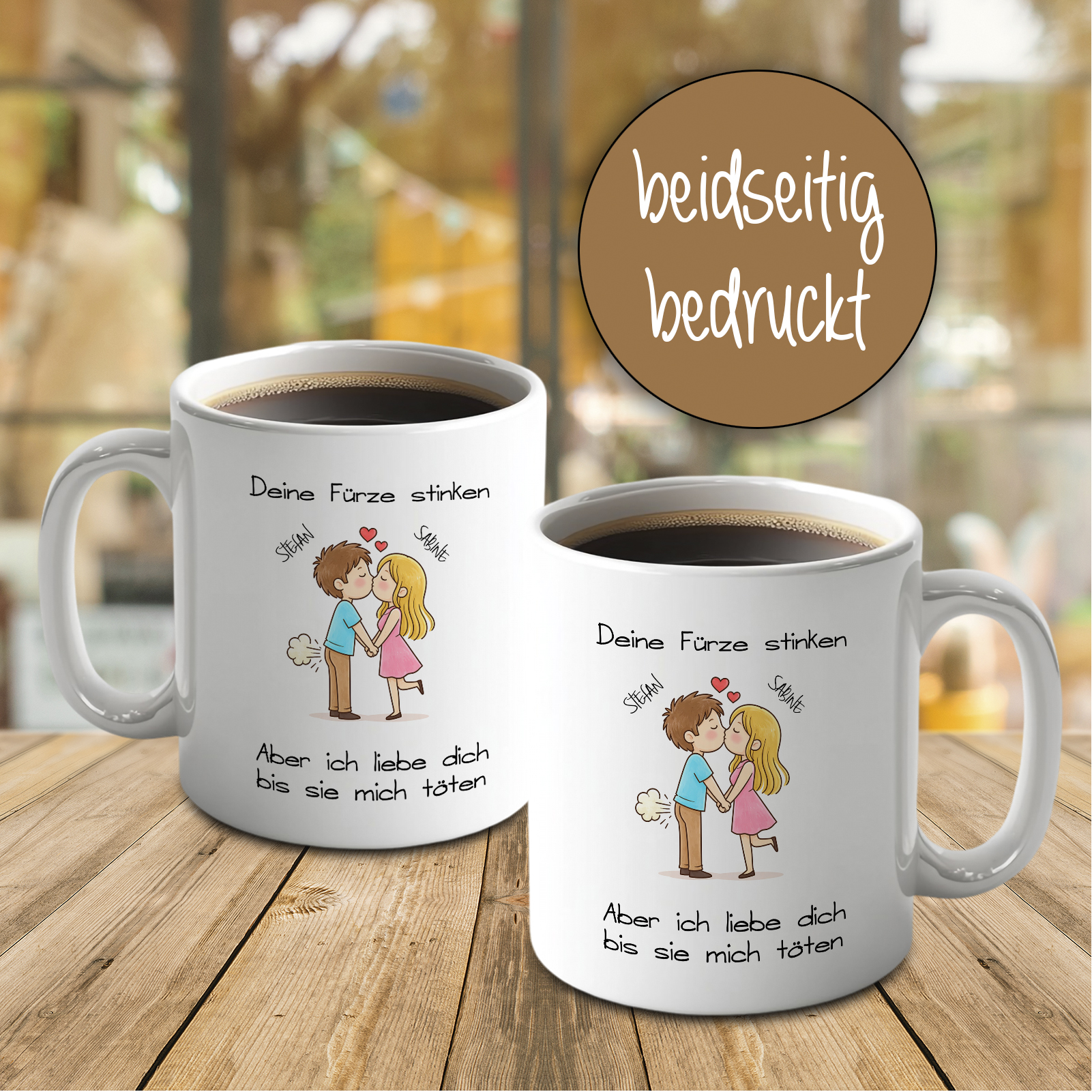 Keramiktasse 330ml „Deine Fürze stinken, aber ich liebe dich“ – personalisiert mit 2 Namen & Wunsch-
