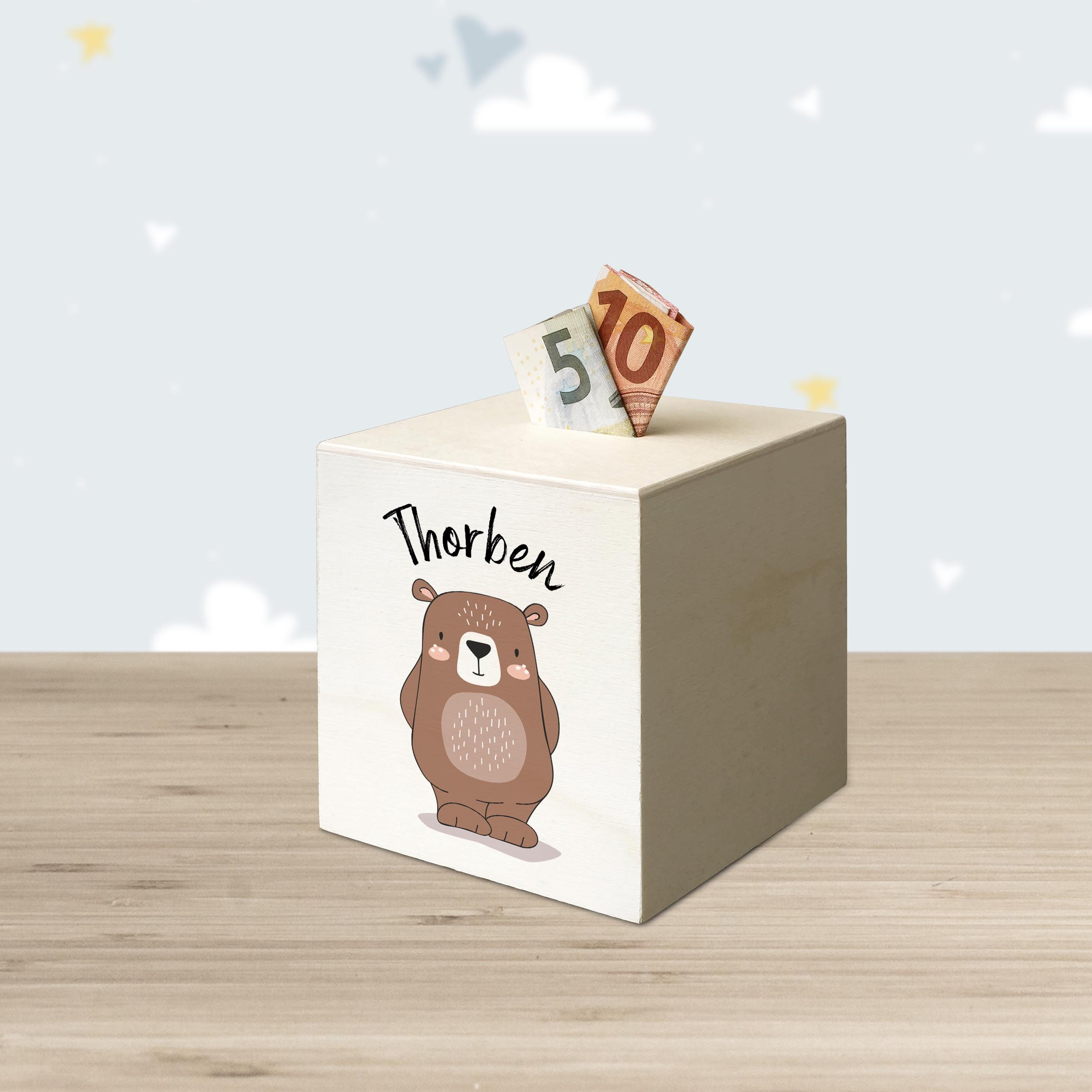 Holzspardose Sparbüchse Motiv 29 Bär personalisierbar