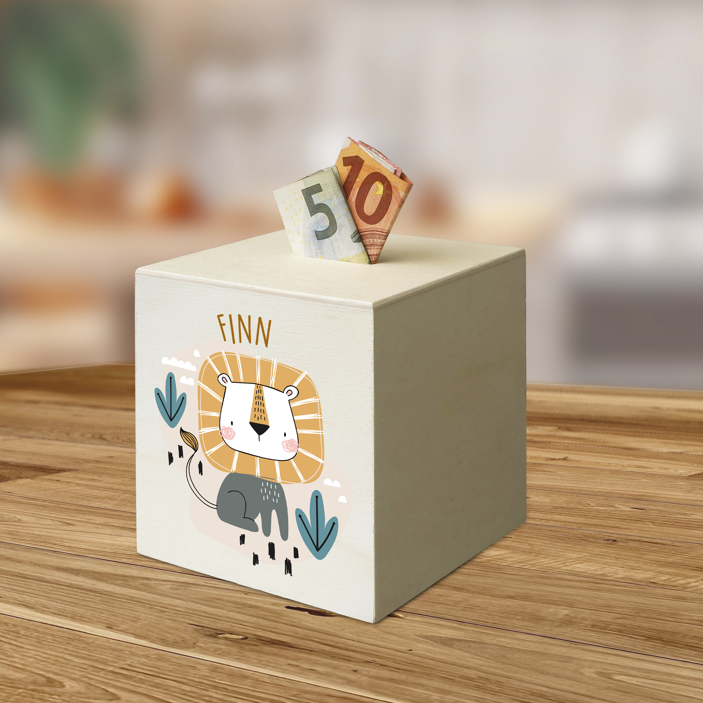 hübsche Holzspardose: personalisierbare Sparbüchse Motiv 02 Löwe