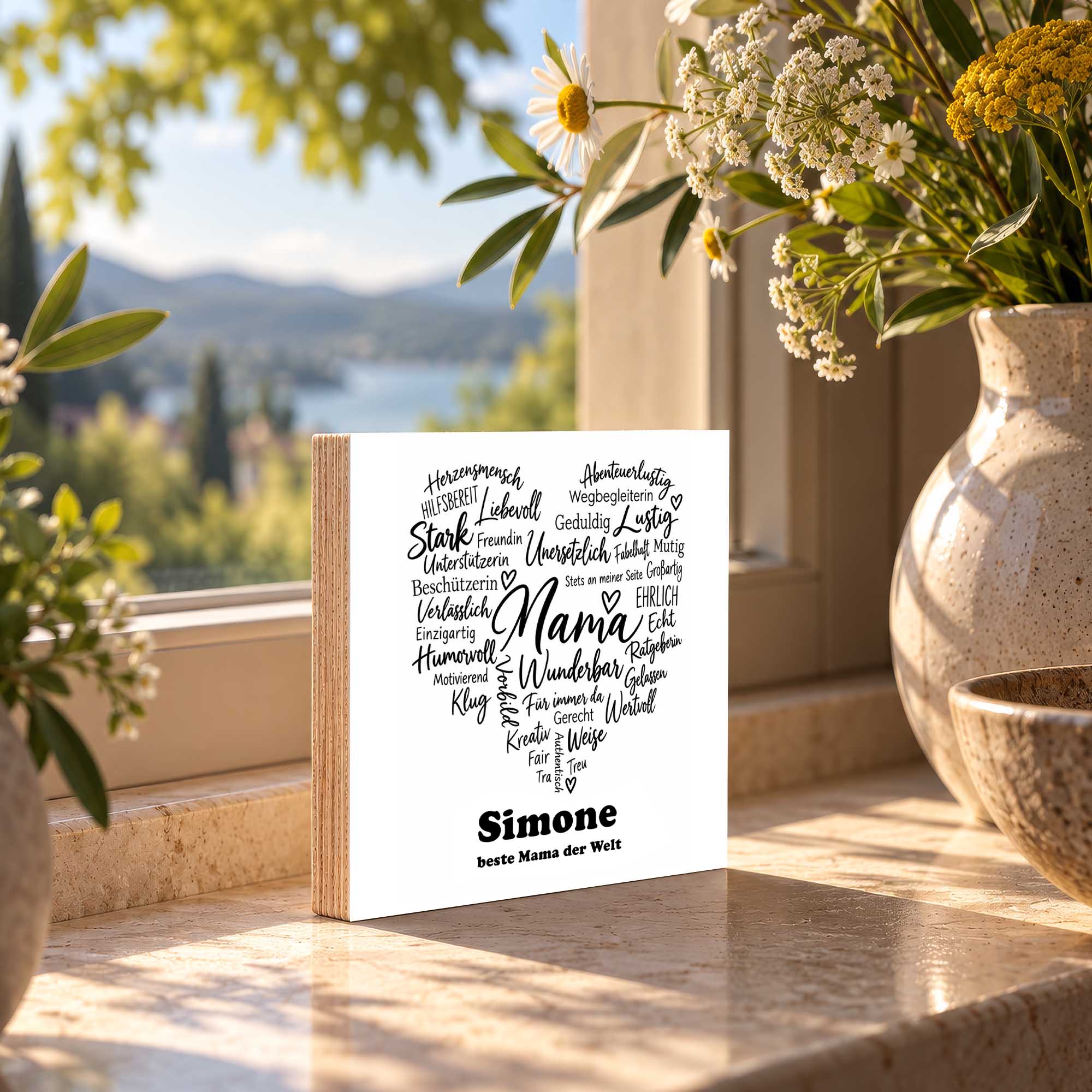 Woodprint personalisiert – Wortwolke Herz Mama & Wunschname – Motiv P061