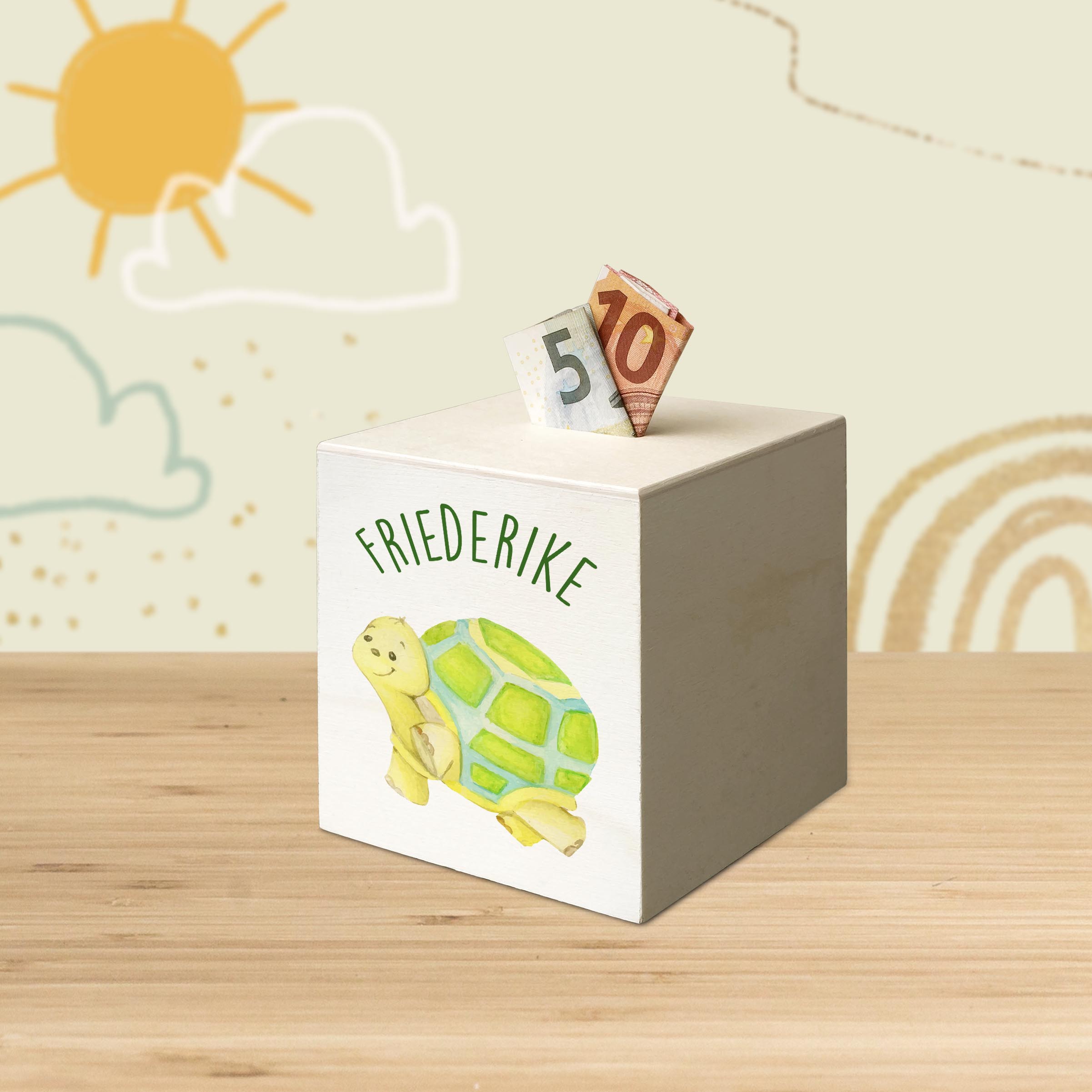hübsche Holzspardose: personalisierbare Sparbüchse Motiv 11 Schildkröte