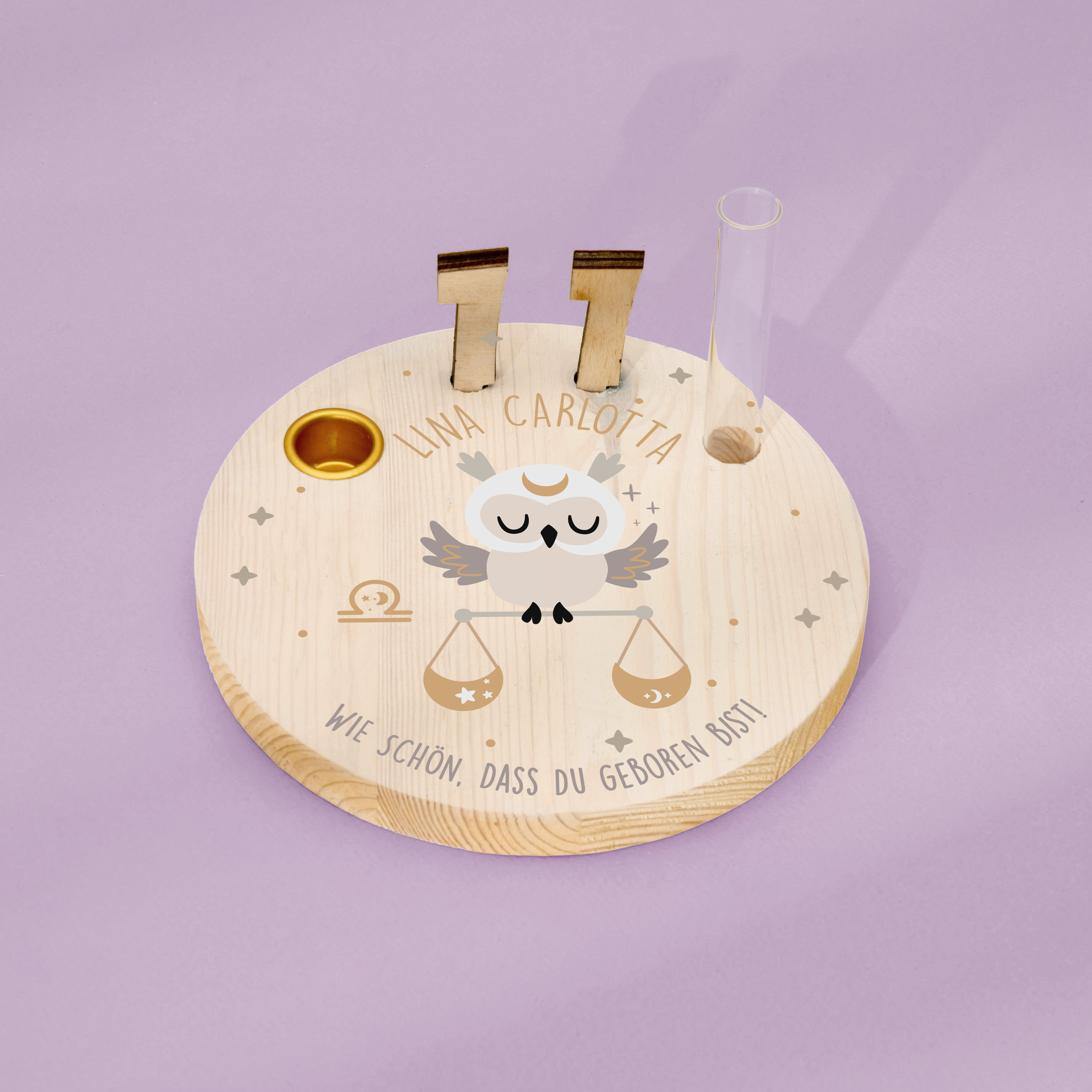 Geburtstagskranz  aus Holz mit  Wunschnamen personalisiert - Motiv 60 Sternzeichen Waage