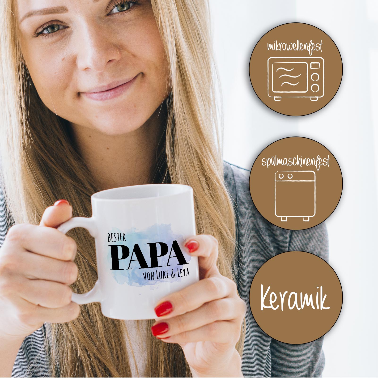 Personalisierte Tasse 330 ml – Bester Papa der Welt – mit Namen der Kinder – beidseitig bedruckt