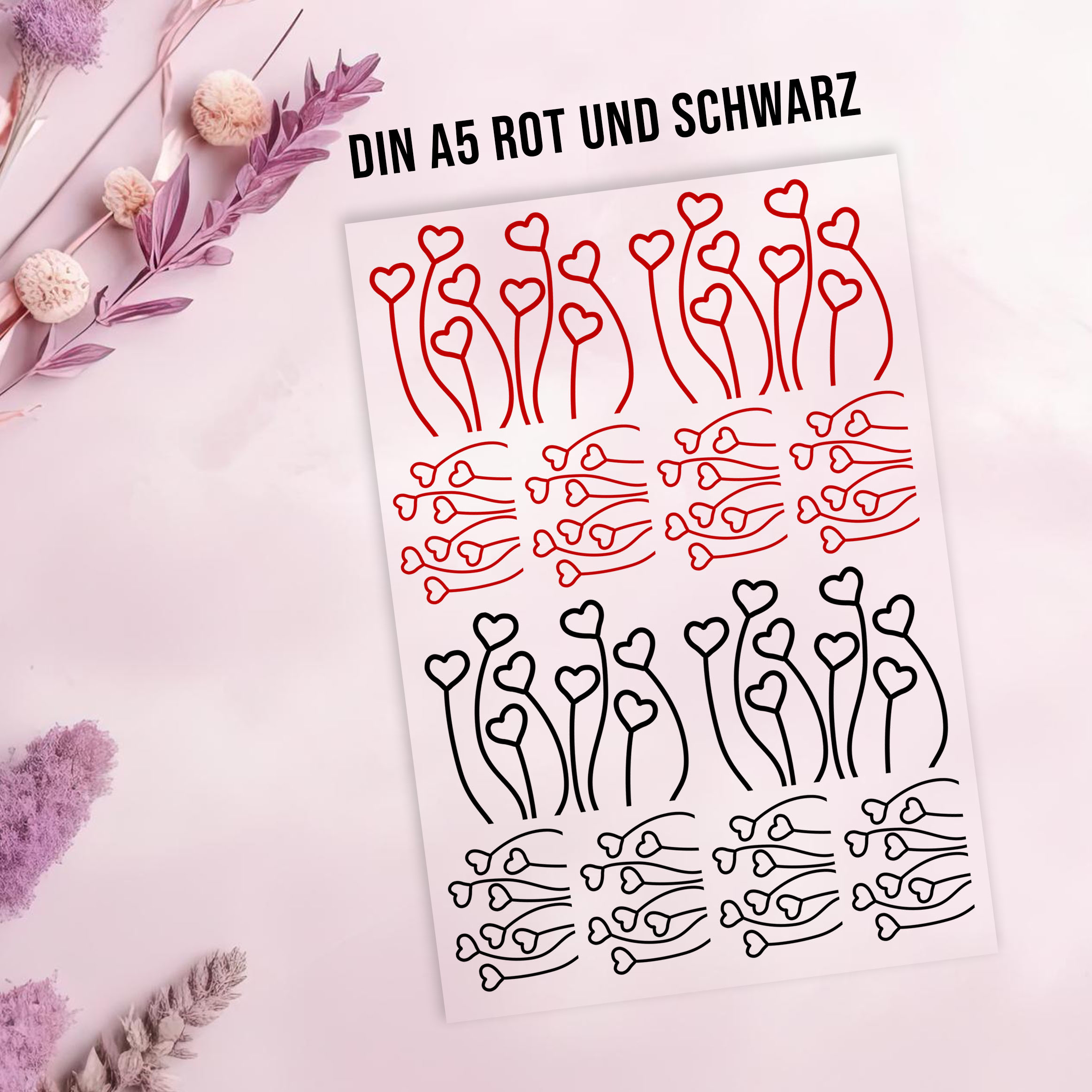 randlose Rub-on Sticker M003 Herzblumen geschwungen