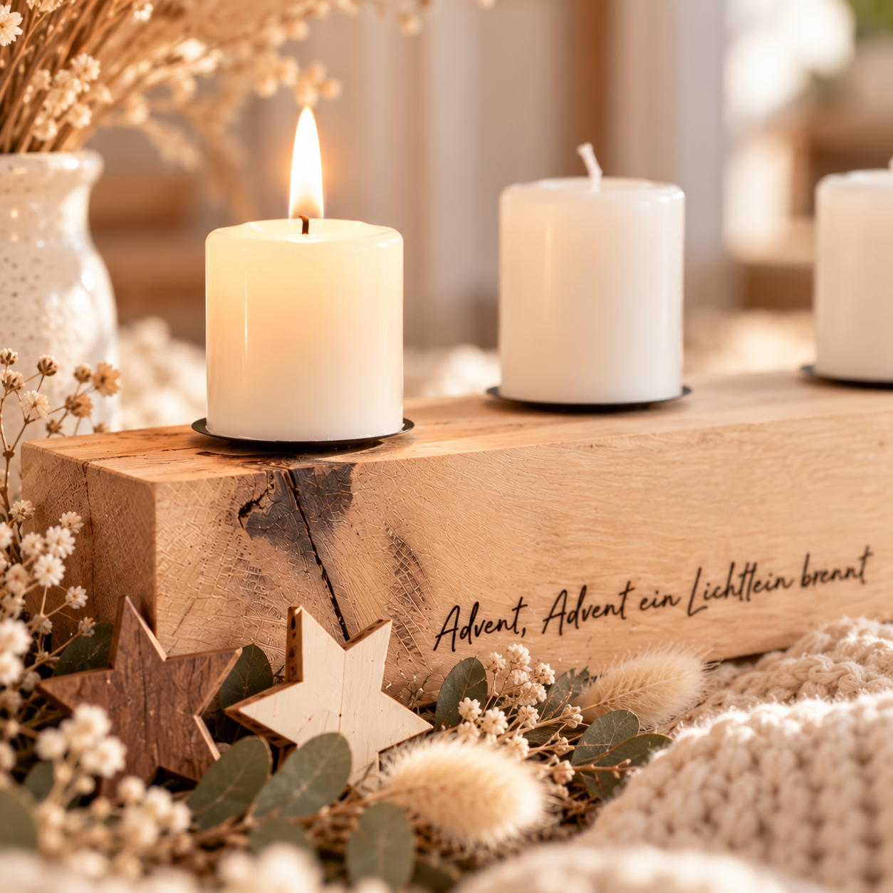 Adventskranz edel aus Eichenholz mit Gravur personalisierbar
