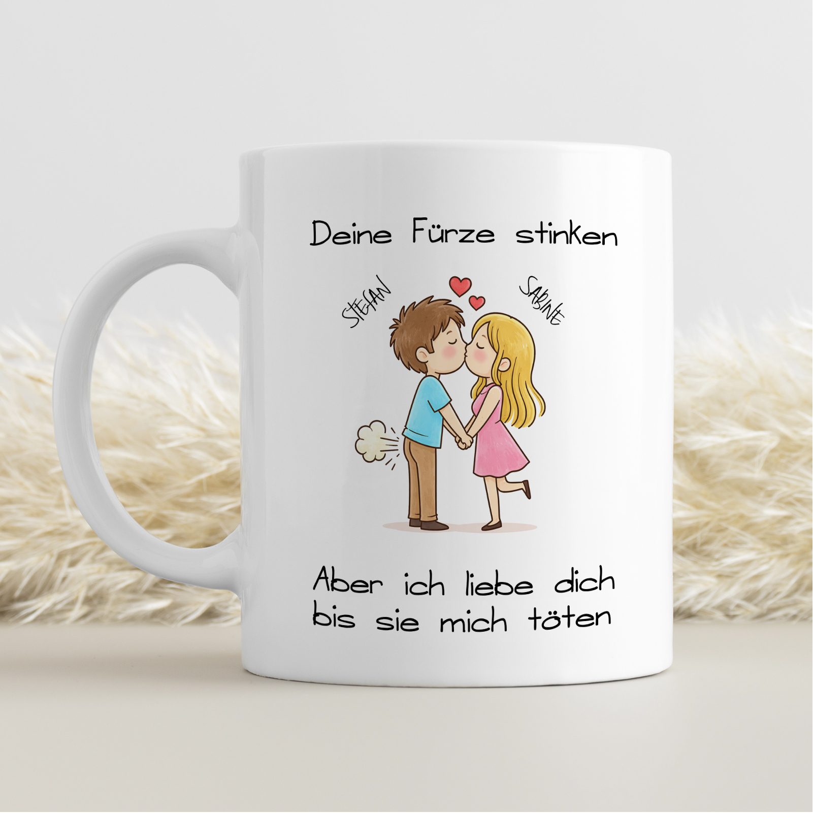 Keramiktasse 330ml „Deine Fürze stinken, aber ich liebe dich“ – personalisiert mit 2 Namen & Wunsch-