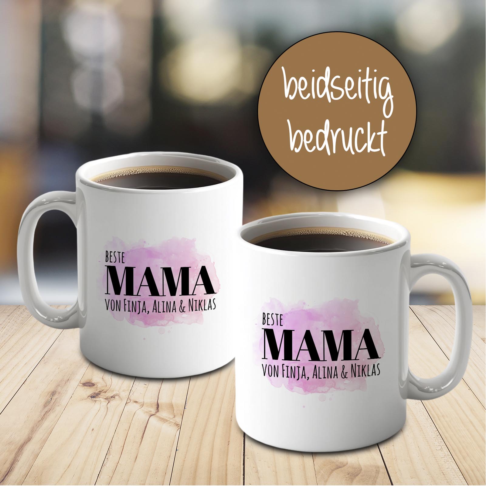 Personalisierte Tasse 330 ml – Beste Mama der Welt – mit Namen der Kinder – beidseitig bedruckt