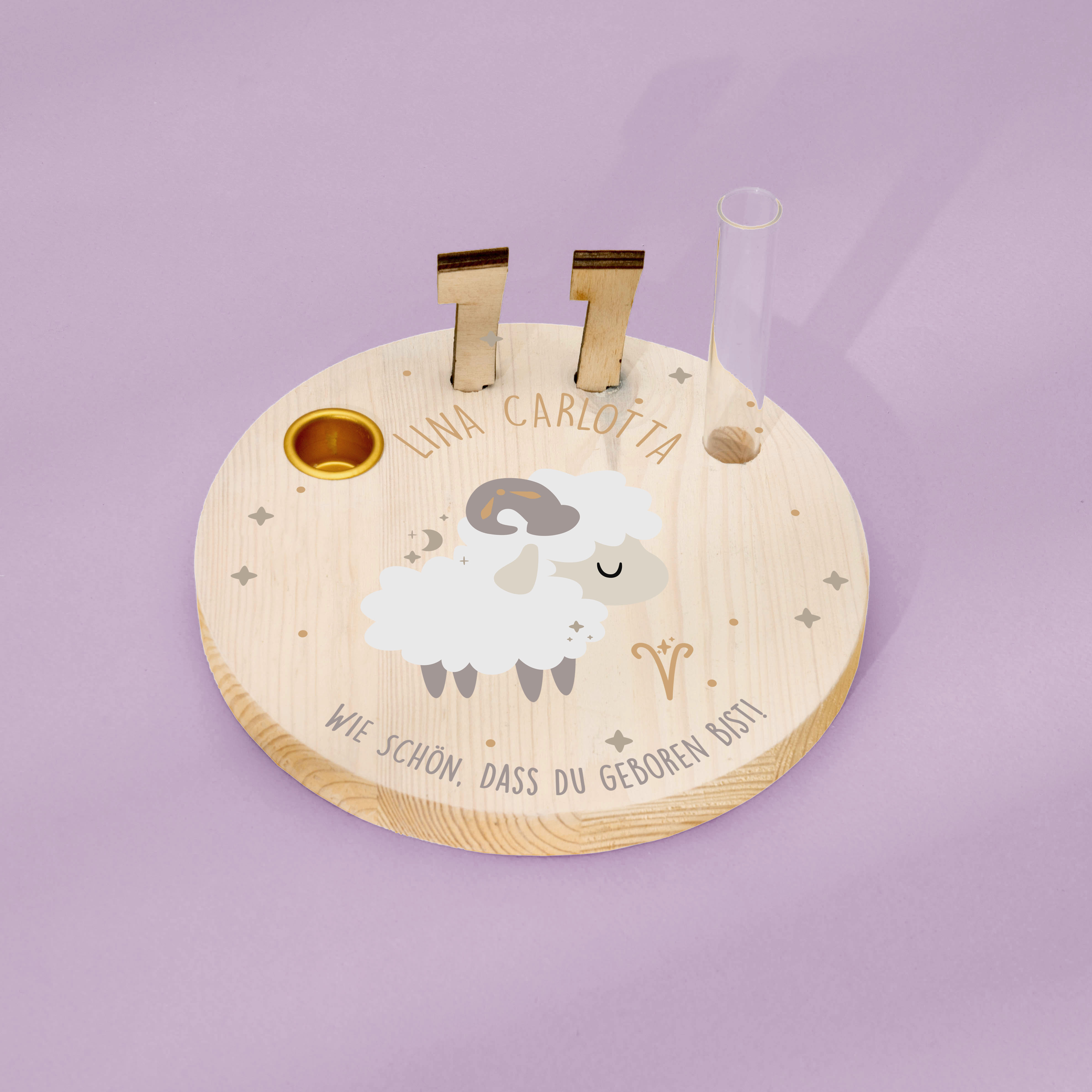 Geburtstagskranz  aus Holz mit  Wunschnamen personalisiert - Motiv 60 Sternzeichen Widder