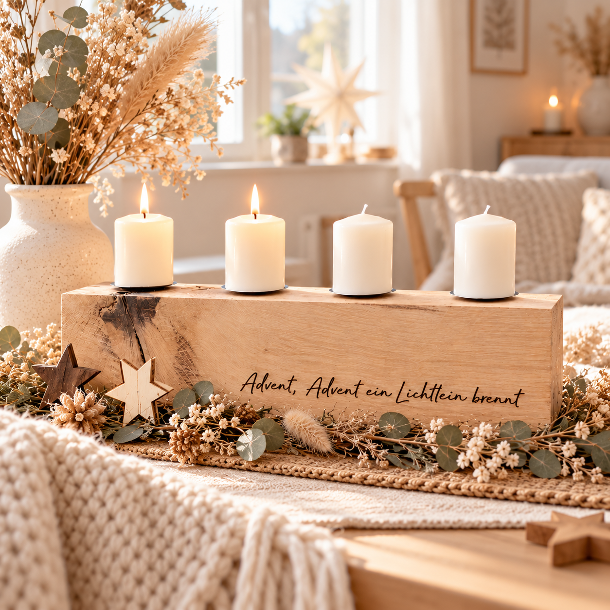 Adventskranz edel aus Eichenholz mit Gravur personalisierbar
