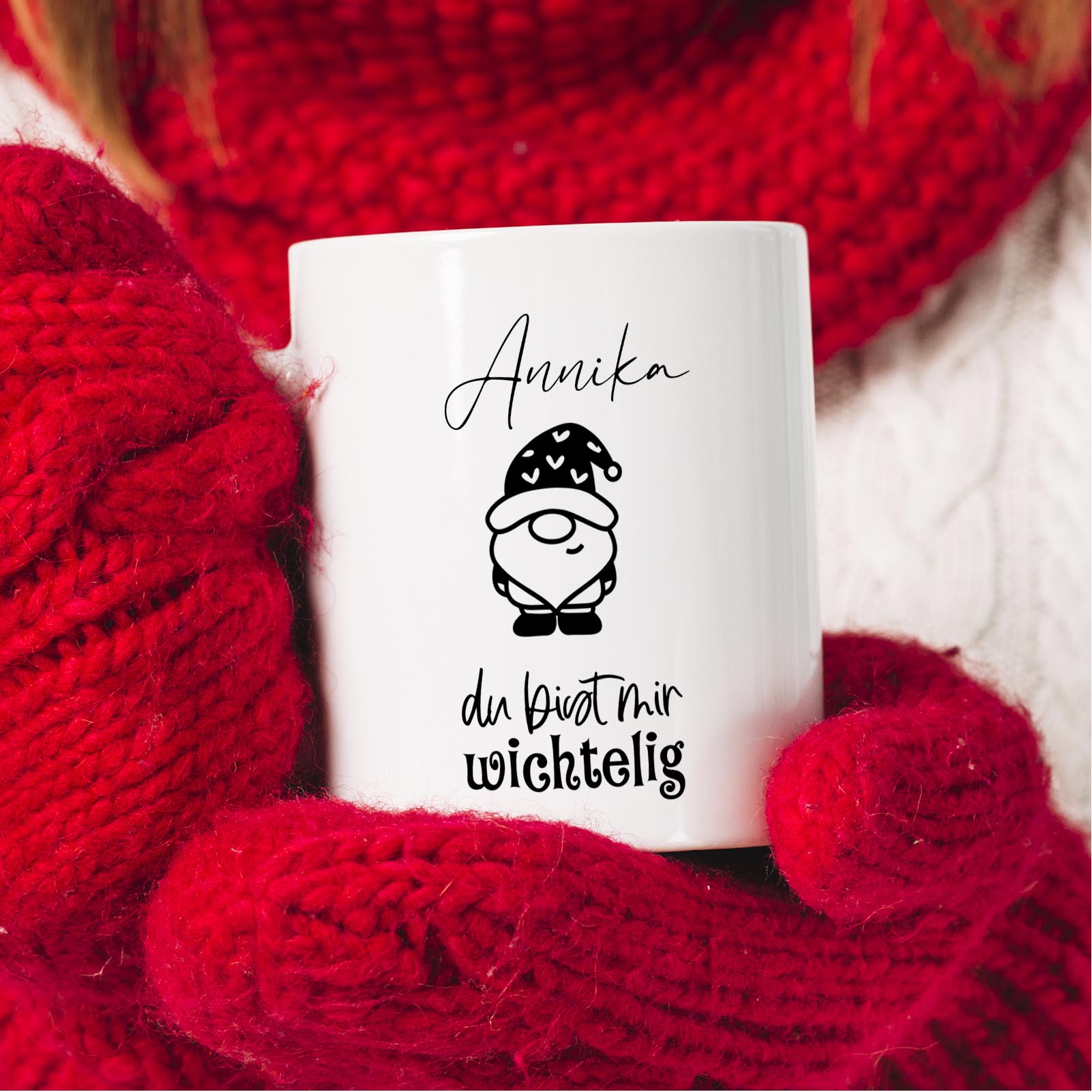 Keramiktasse 330ml „Du bist mir wichtelig“ – Weihnachtswichtel mit Wunschname, personalisierbar