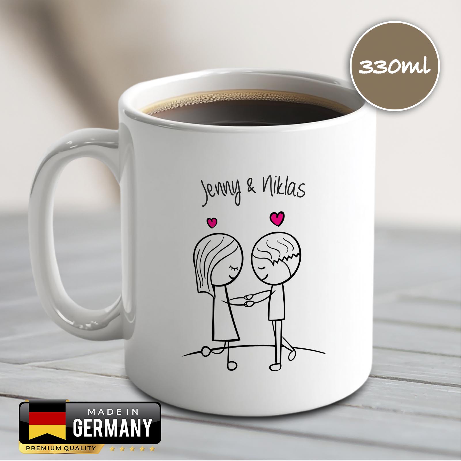Personalisierte Tasse 330 ml – Liebespaar – mit 2 Namen – beidseitig bedruckt