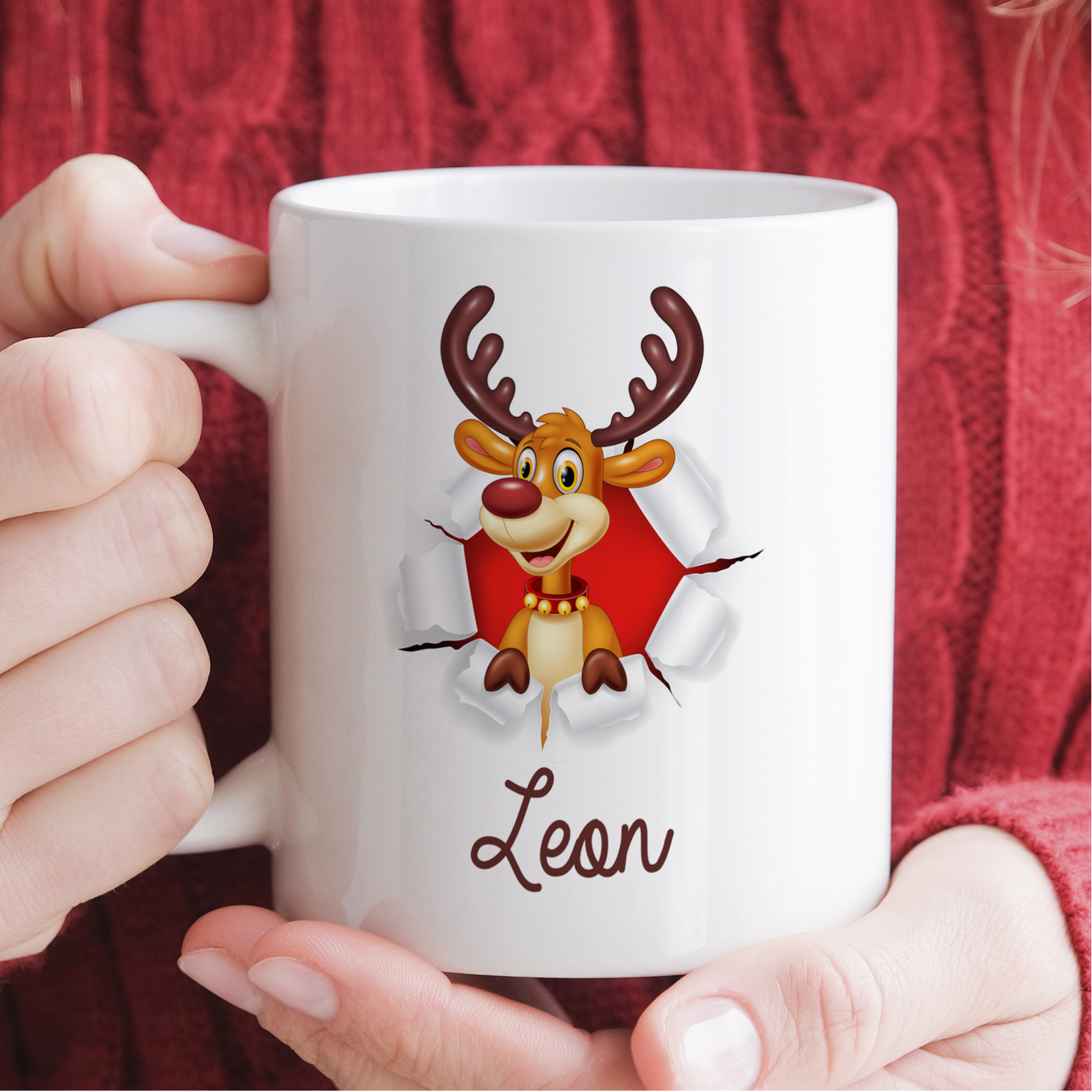 Personalisierte Weihnachtstasse 330 ml – Rentier Motiv mit Name – beidseitig bedruckt