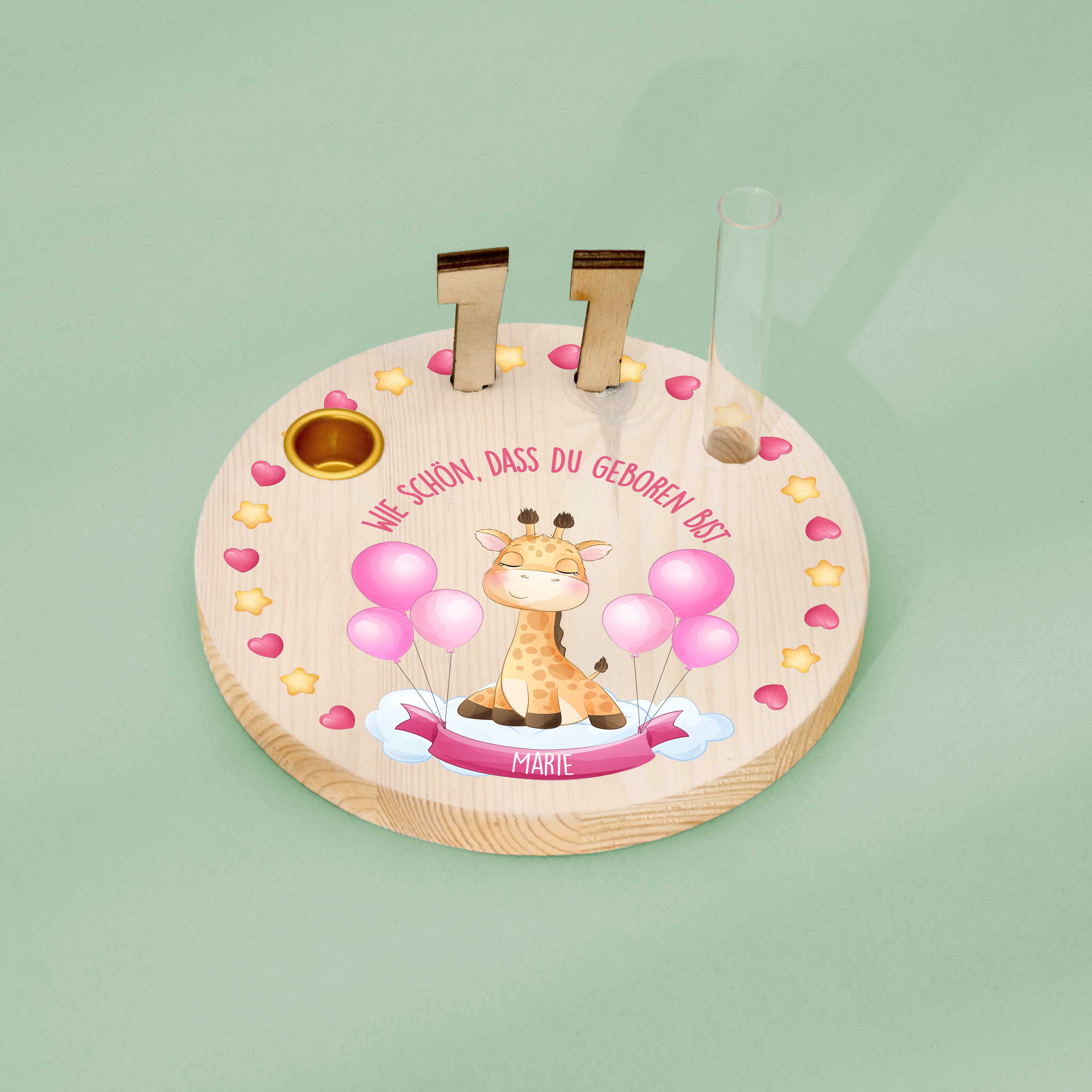 Geburtstagskranz  aus Holz mit  Wunschnamen personalisiert - Motiv 35 Giraffe rosa