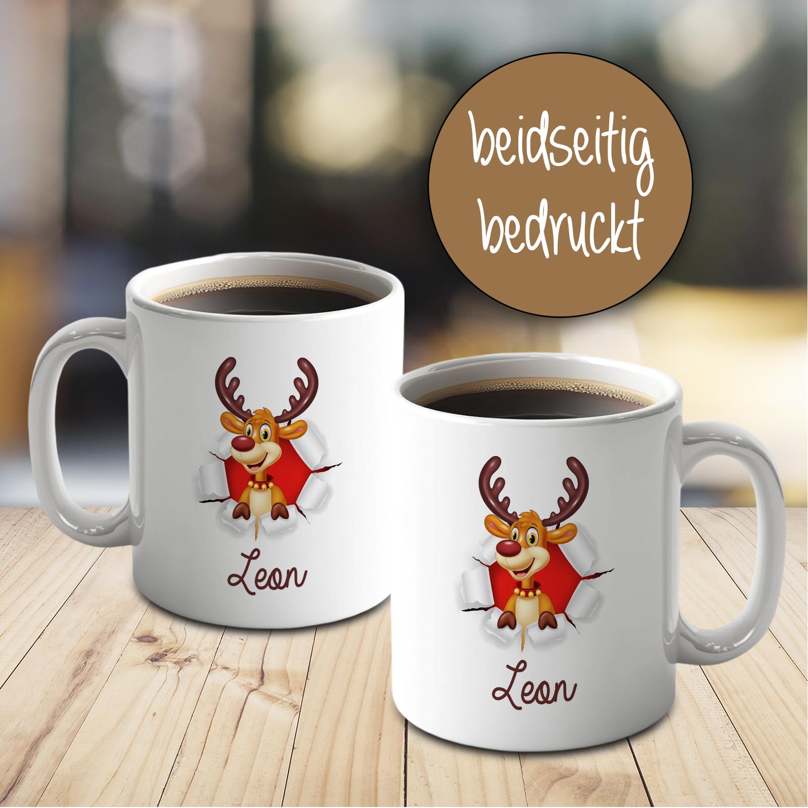 Personalisierte Weihnachtstasse 330 ml – Rentier Motiv mit Name – beidseitig bedruckt