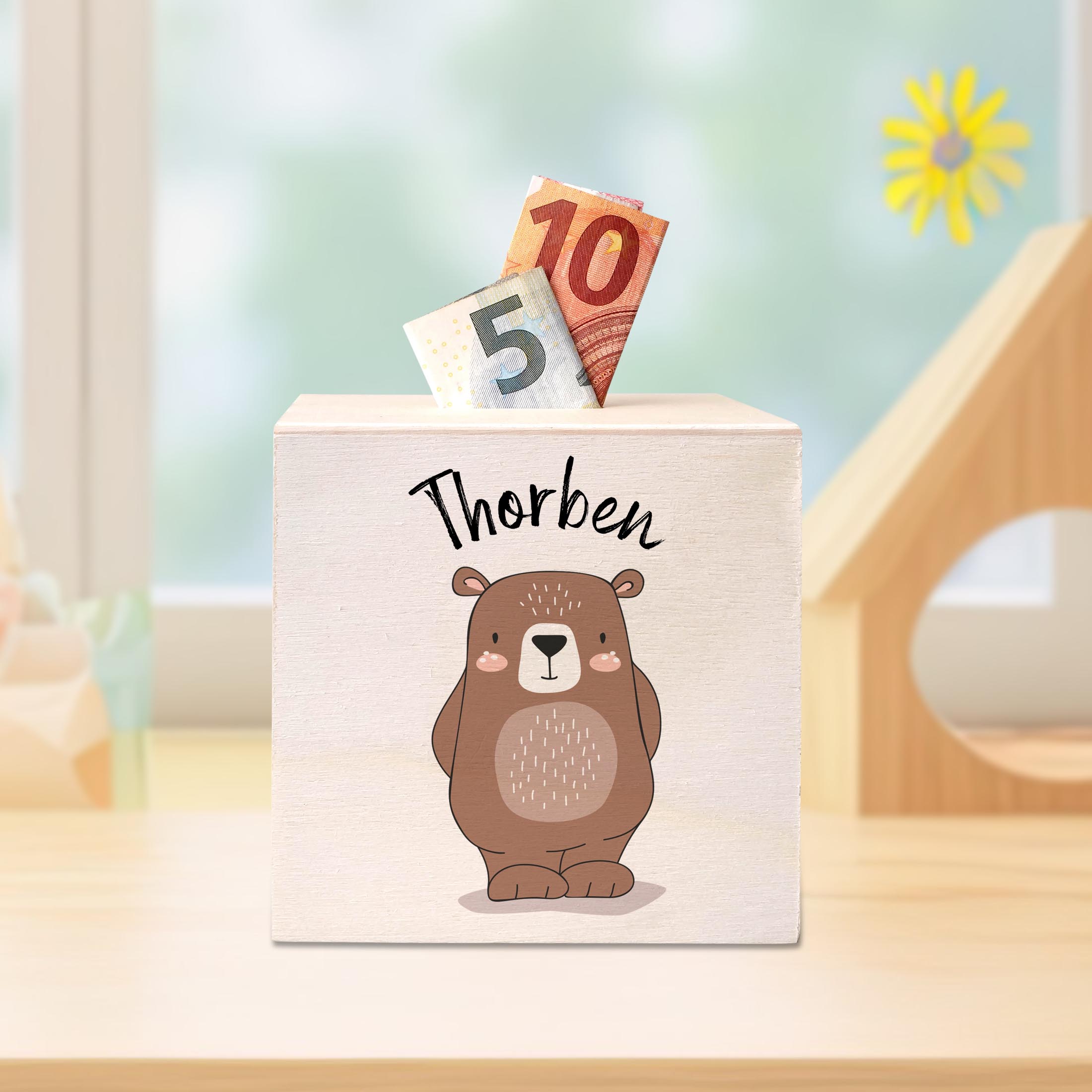 Holzspardose Sparbüchse Motiv 29 Bär personalisierbar