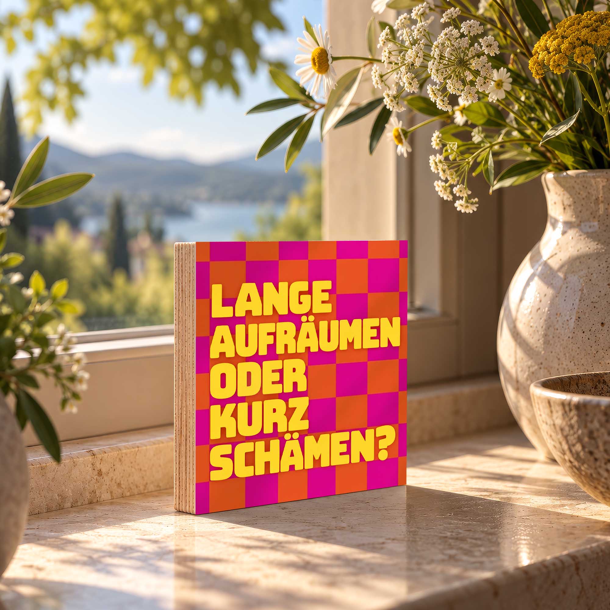 Woodprint Lange aufräumen oder kurz schämen? – bunte Küchen-Deko – Motiv 029