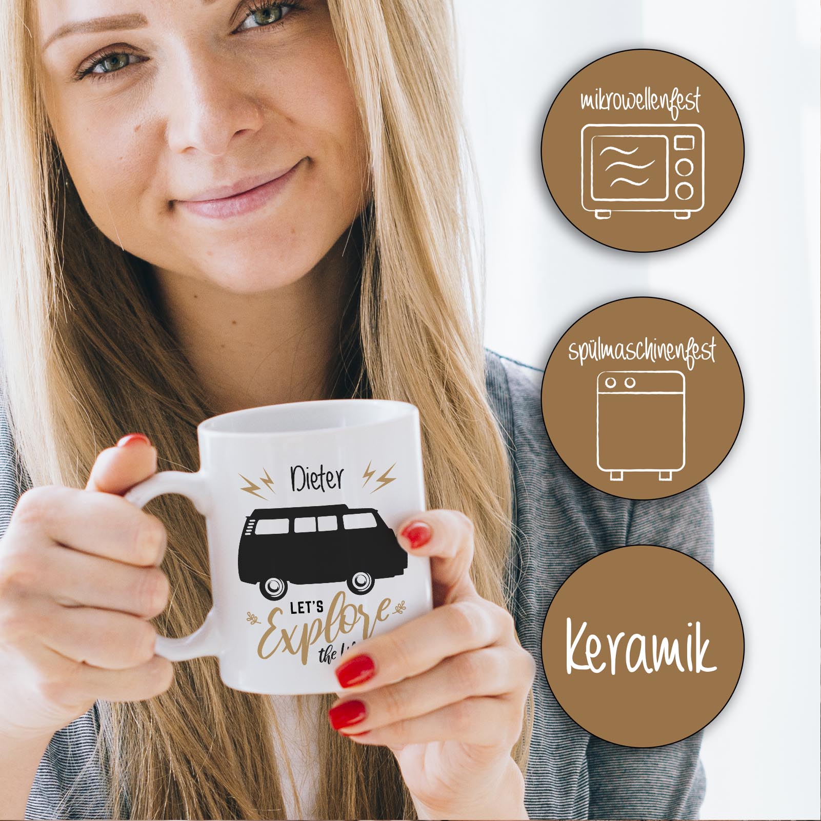 Personalisierte Tasse 330 ml – „Let’s explore the world“ Bulli Motiv – mit Wunschname – beidseitig b