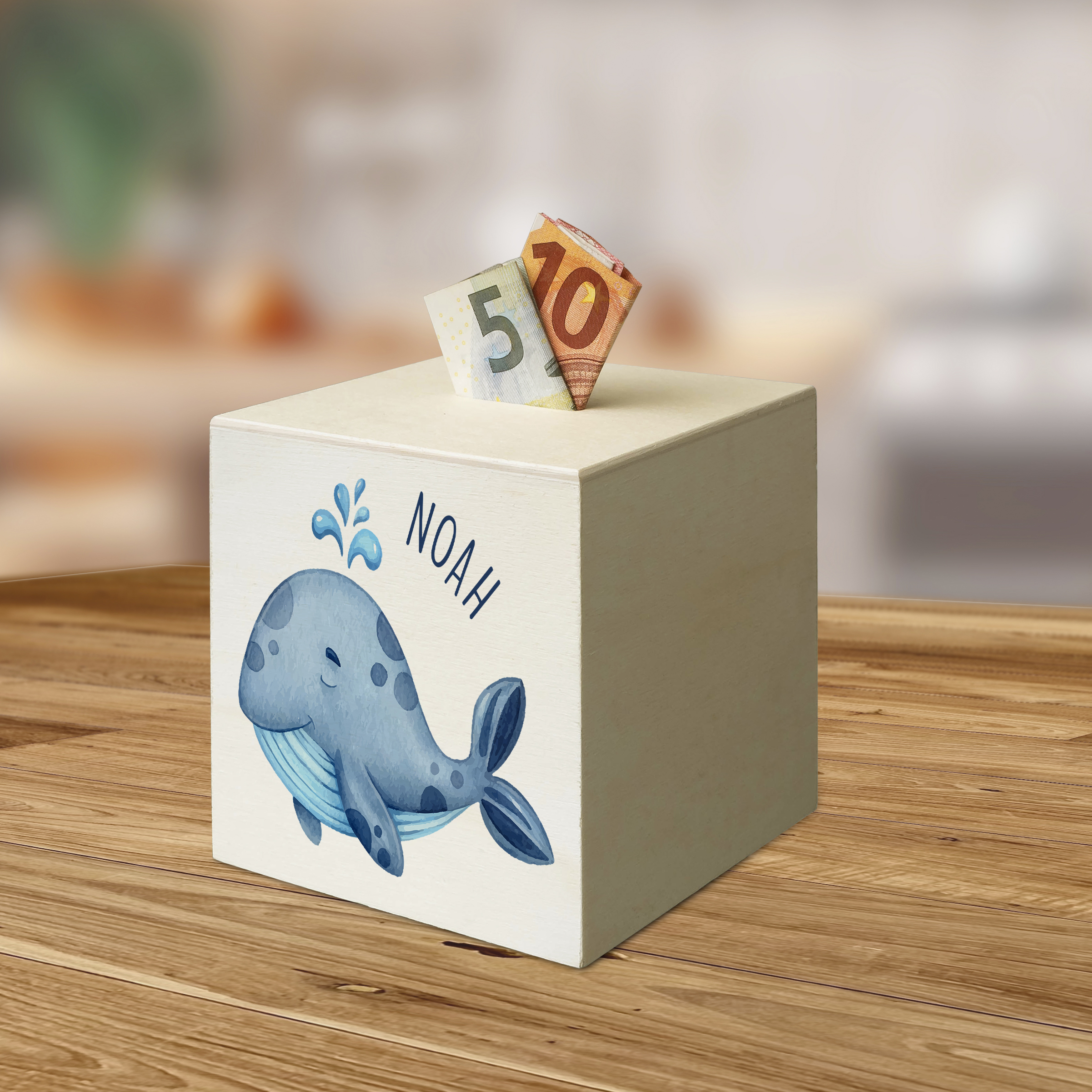 hübsche Holzspardose: personalisierbare Sparbüchse Motiv 03 Walfisch